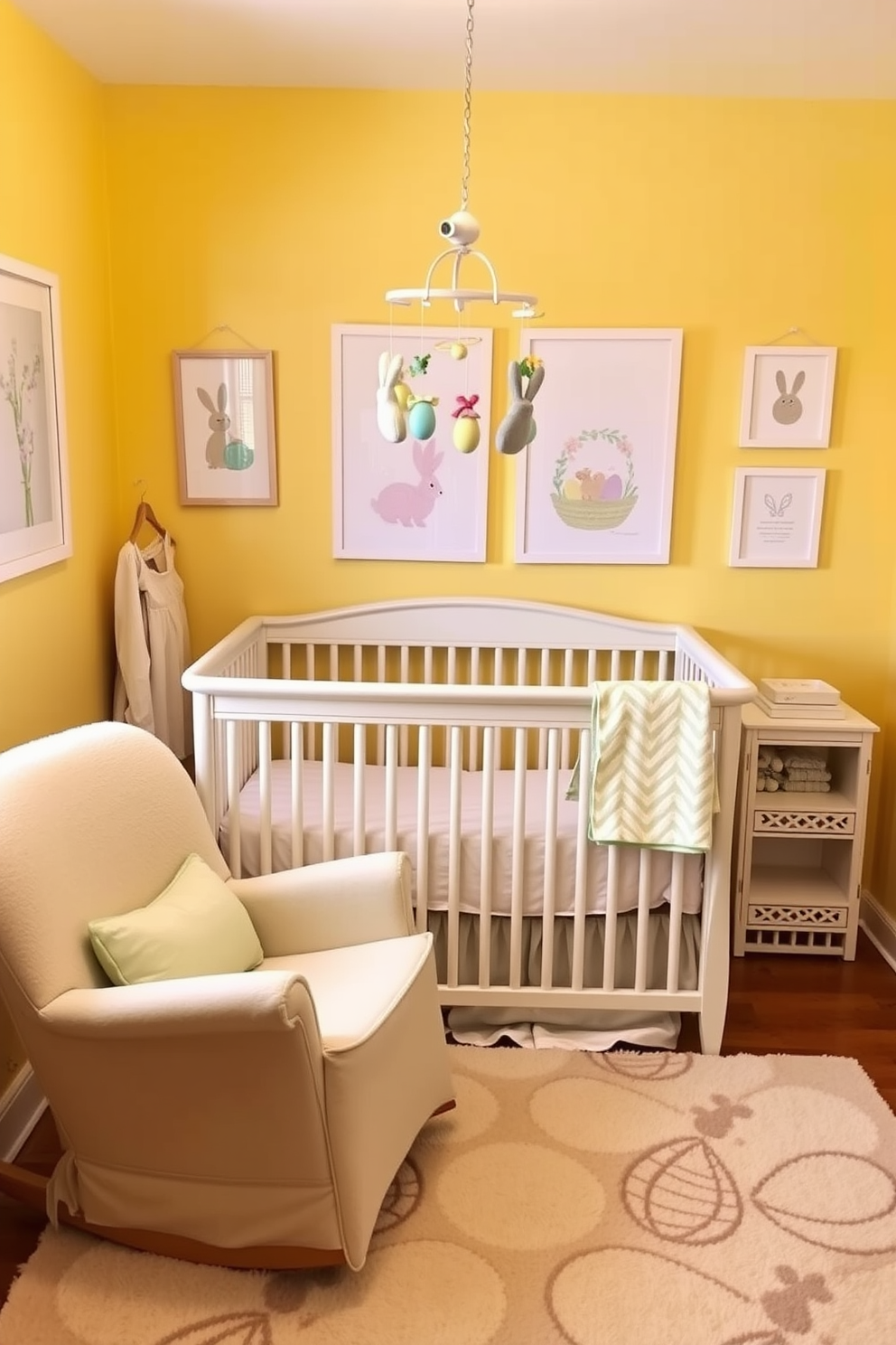 A cozy nursery with an Easter theme. Above the crib, a mobile hangs featuring pastel-colored bunnies, eggs, and spring flowers, gently swaying to create a soothing atmosphere. The walls are painted in a soft, warm yellow, adorned with framed prints of Easter motifs. A plush rug with a subtle egg pattern covers the floor, and a rocking chair with a pastel green cushion sits in the corner, ready for story time.