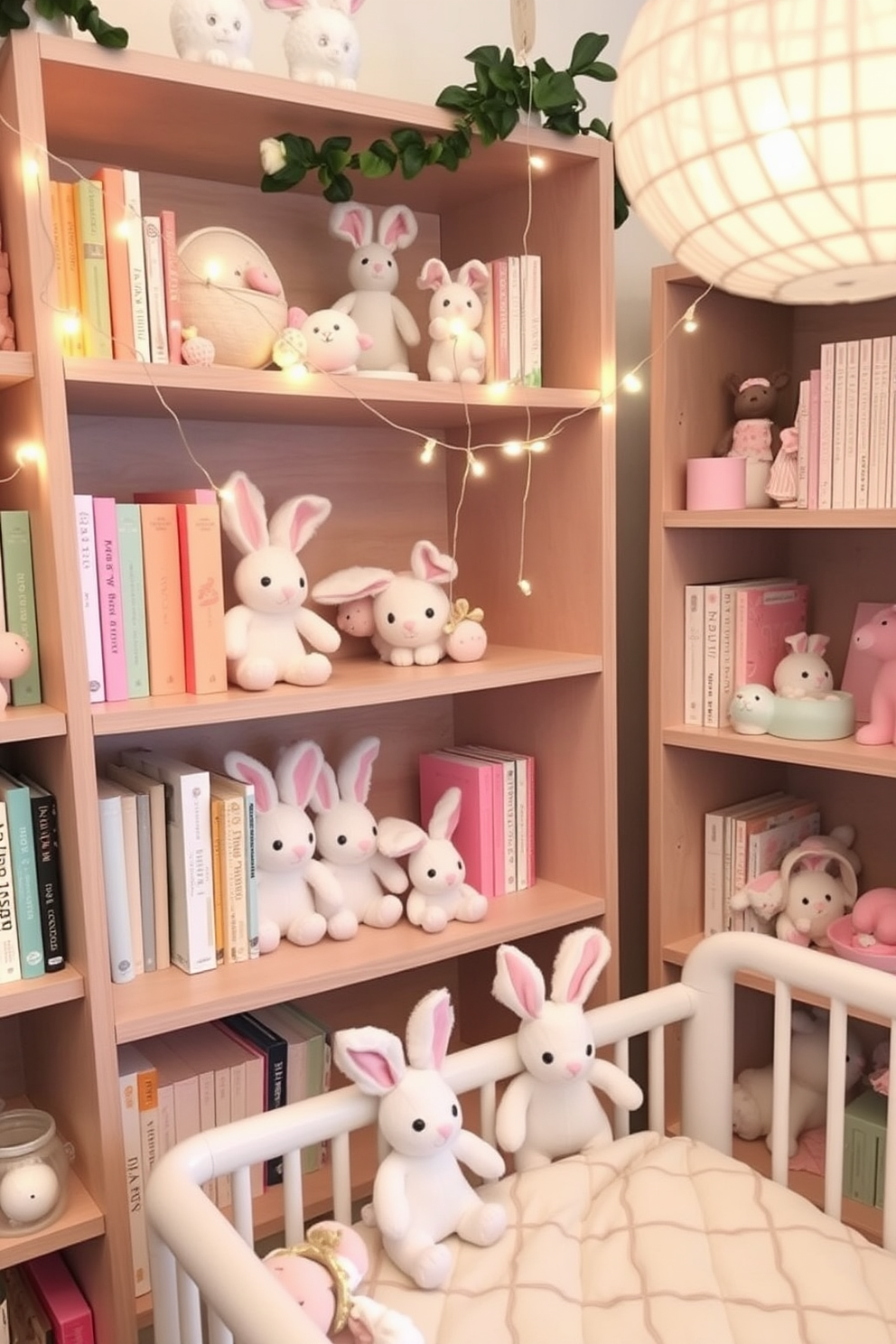 A whimsical nursery adorned with stuffed bunnies nestled among the bookshelves. The shelves are filled with pastel-colored books and Easter-themed decorations, creating a cozy and festive atmosphere. Soft, plush bunnies in various sizes and colors are carefully placed between the books, adding a touch of charm and playfulness. Delicate fairy lights drape across the shelves, casting a warm, inviting glow over the nursery.