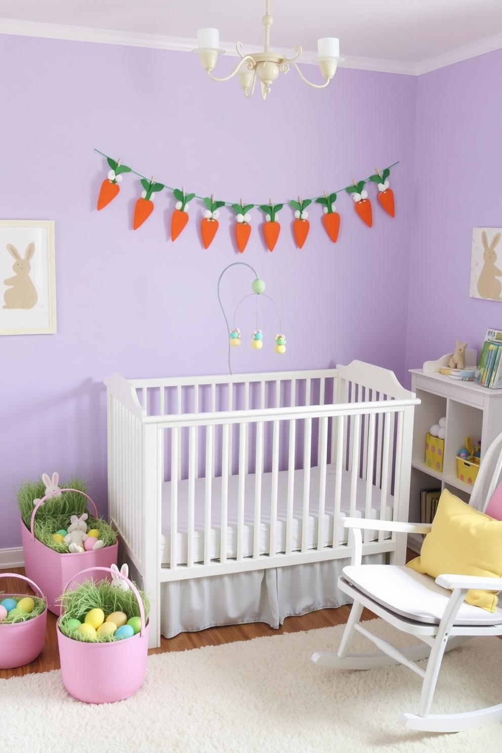 A cozy nursery decorated for Easter. Colorful baskets filled with faux grass are placed around the room, each holding pastel-colored eggs and small plush bunnies. The walls are painted a soft lavender, and a white crib with a light green mobile hangs in the center. Above the crib, a garland of paper carrots and bunnies adds a festive touch. A rocking chair with a pastel yellow cushion sits in one corner, next to a small bookshelf filled with children's books and Easter-themed decorations.