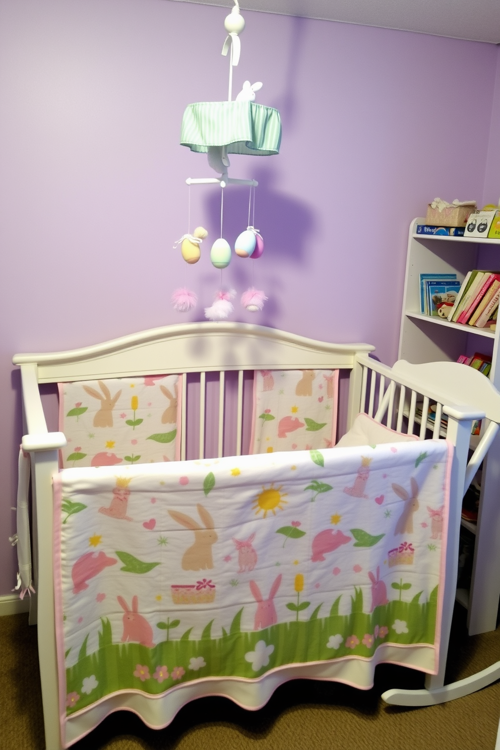 A cozy nursery decorated for Easter. The crib is adorned with a pastel-colored quilt featuring cute Easter-themed designs like bunnies, eggs, and flowers. Above the crib, a mobile with plush Easter eggs and bunnies gently sways. The walls are painted a soft lavender, and a white rocking chair sits in the corner with a matching pastel cushion. A small bookshelf holds a collection of children's books and a few Easter-themed toys.