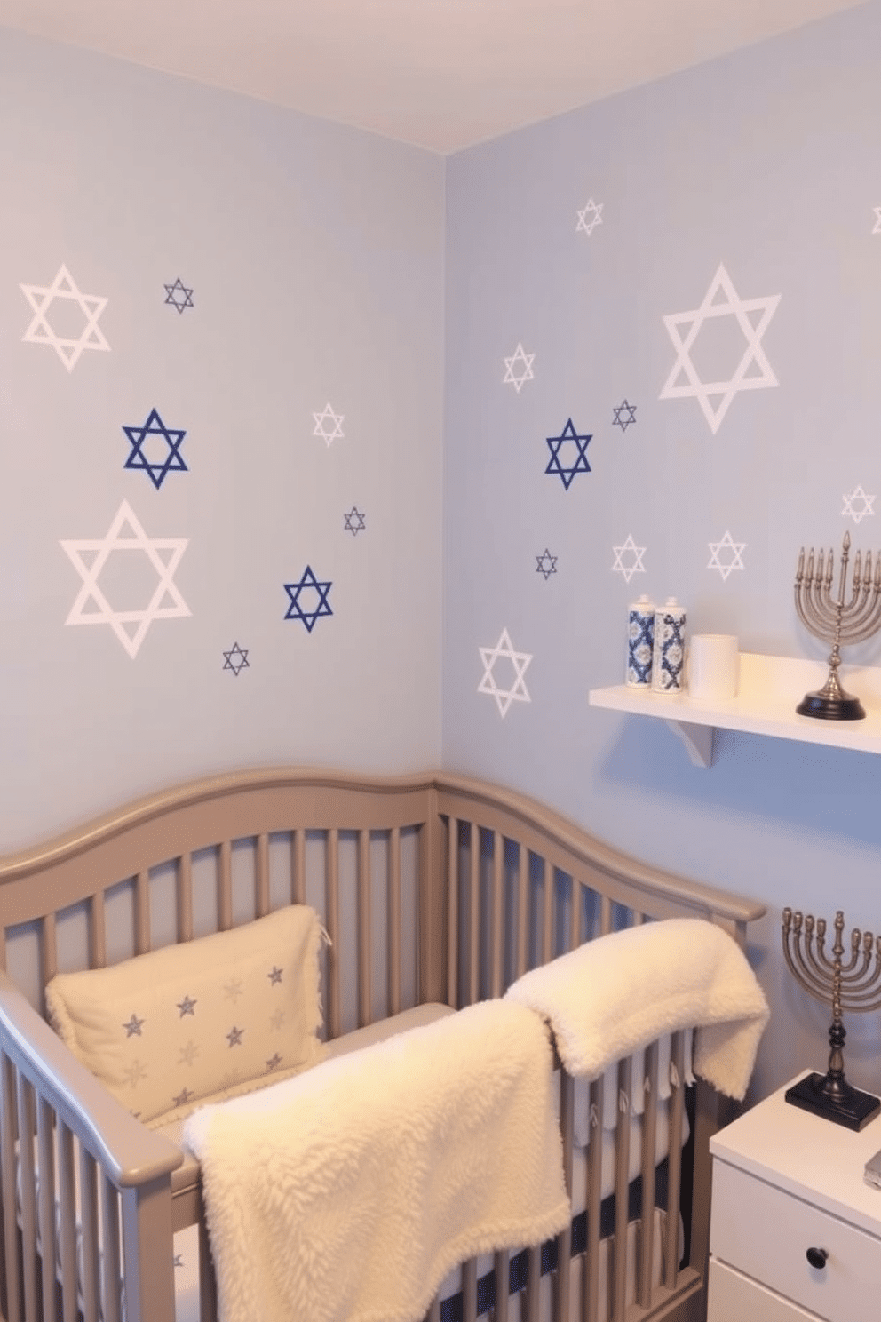 A nursery decorated for Hanukkah, featuring Star of David wall decals in various sizes, creating a whimsical and festive atmosphere. The walls are painted soft blue, and a cozy crib is adorned with a plush white blanket, while a small menorah sits on a nearby shelf.