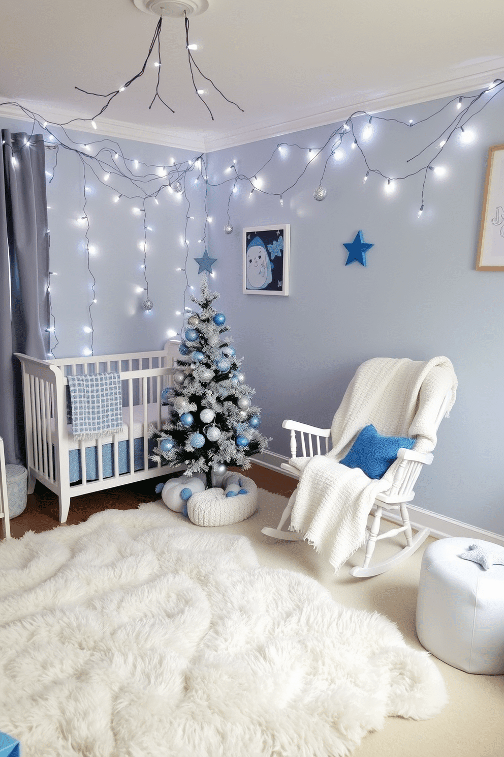 A cozy nursery adorned with blue and silver fairy lights, creating a whimsical atmosphere. The walls are painted a soft pastel blue, and a plush white rug covers the floor, providing a warm space for play. Decorative elements include a small Hanukkah tree adorned with silver ornaments and blue accents. A comfortable rocking chair sits in the corner, draped with a cozy blanket, inviting moments of relaxation and bonding.