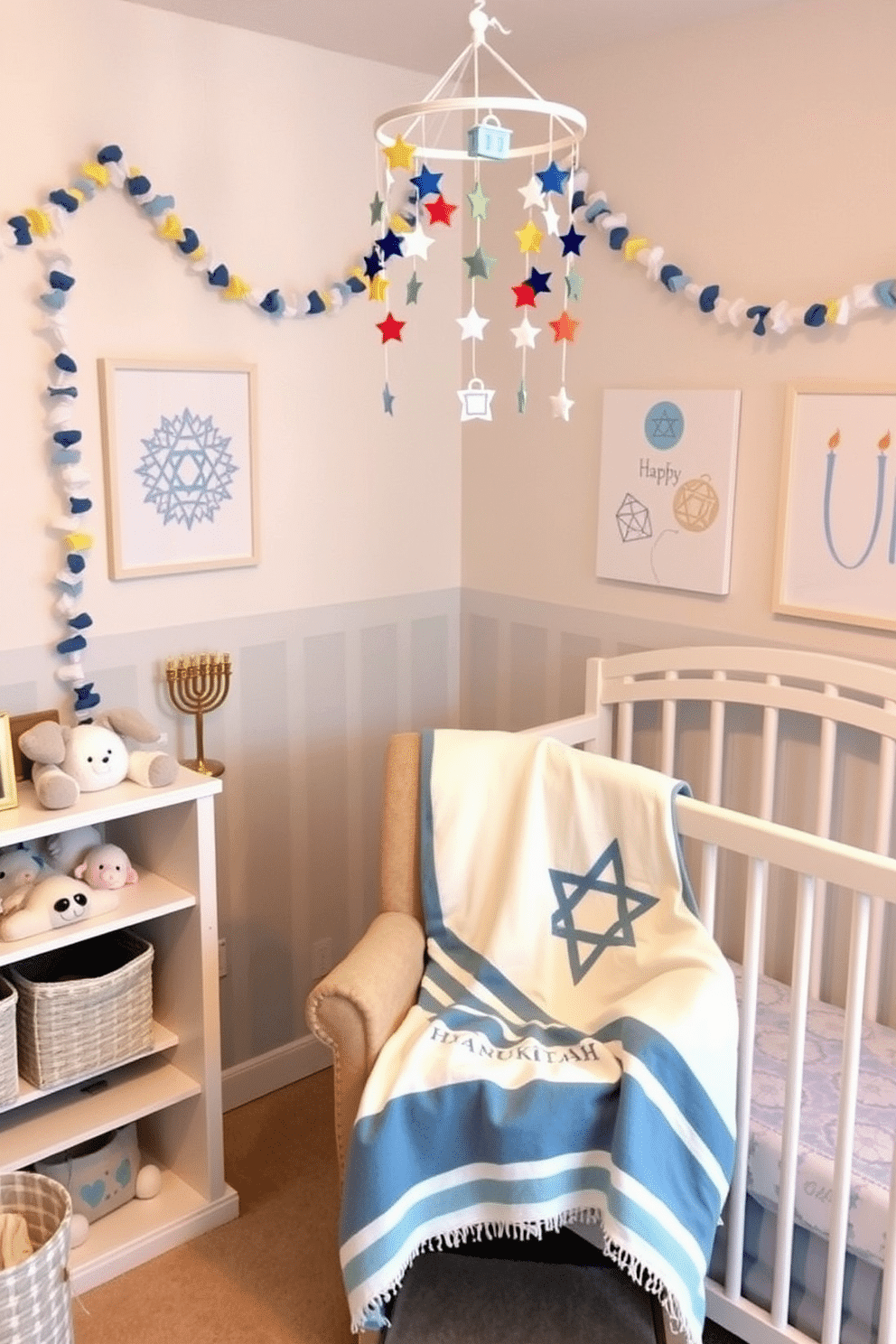 A cozy nursery adorned for Hanukkah, featuring a personalized blanket draped over a rocking chair. The walls are decorated with soft blue and white accents, while a small menorah sits on a shelf surrounded by plush toys. Creative Hanukkah decorating ideas for a nursery, showcasing colorful garlands and wall art that celebrate the festival. A festive mobile hangs above the crib, incorporating symbols of Hanukkah like stars and dreidels, creating a warm and inviting atmosphere.