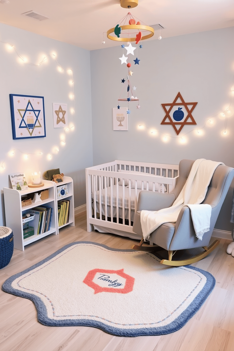 A cozy nursery adorned for Hanukkah features a dreidel-shaped rug placed centrally on a soft, light-colored wooden floor. The walls are painted in a soothing pastel blue, and the room is decorated with twinkling string lights and festive Hanukkah-themed artwork. In one corner, a plush rocking chair sits beside a small bookshelf filled with children's books about Hanukkah. A vibrant mobile hangs above the crib, showcasing dreidels and stars, while a soft, warm blanket is draped over the rocking chair for added comfort.