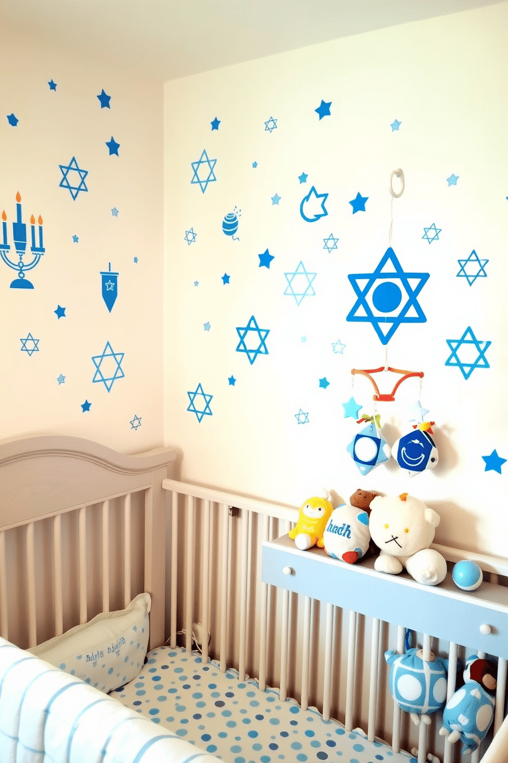 A cozy nursery adorned with Hanukkah-themed wall stickers. The walls are decorated with playful designs featuring menorahs, dreidels, and Stars of David in soft blues and whites. A whimsical crib area showcasing a festive mobile with Hanukkah symbols. Plush toys in the shape of dreidels and menorahs are arranged on a shelf, adding a cheerful touch to the space.