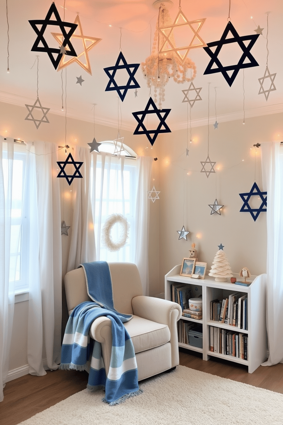 A whimsical nursery adorned with Star of David ceiling hangings, creating a festive atmosphere for Hanukkah celebrations. Soft pastel colors dominate the walls, while twinkling lights enhance the charm of the decor, making the space inviting and joyful for children. A cozy reading nook features a plush armchair draped with a blue and white blanket, complemented by a small bookshelf filled with holiday-themed stories. The windows are dressed with sheer curtains, allowing natural light to filter in, illuminating the cheerful decorations throughout the room.