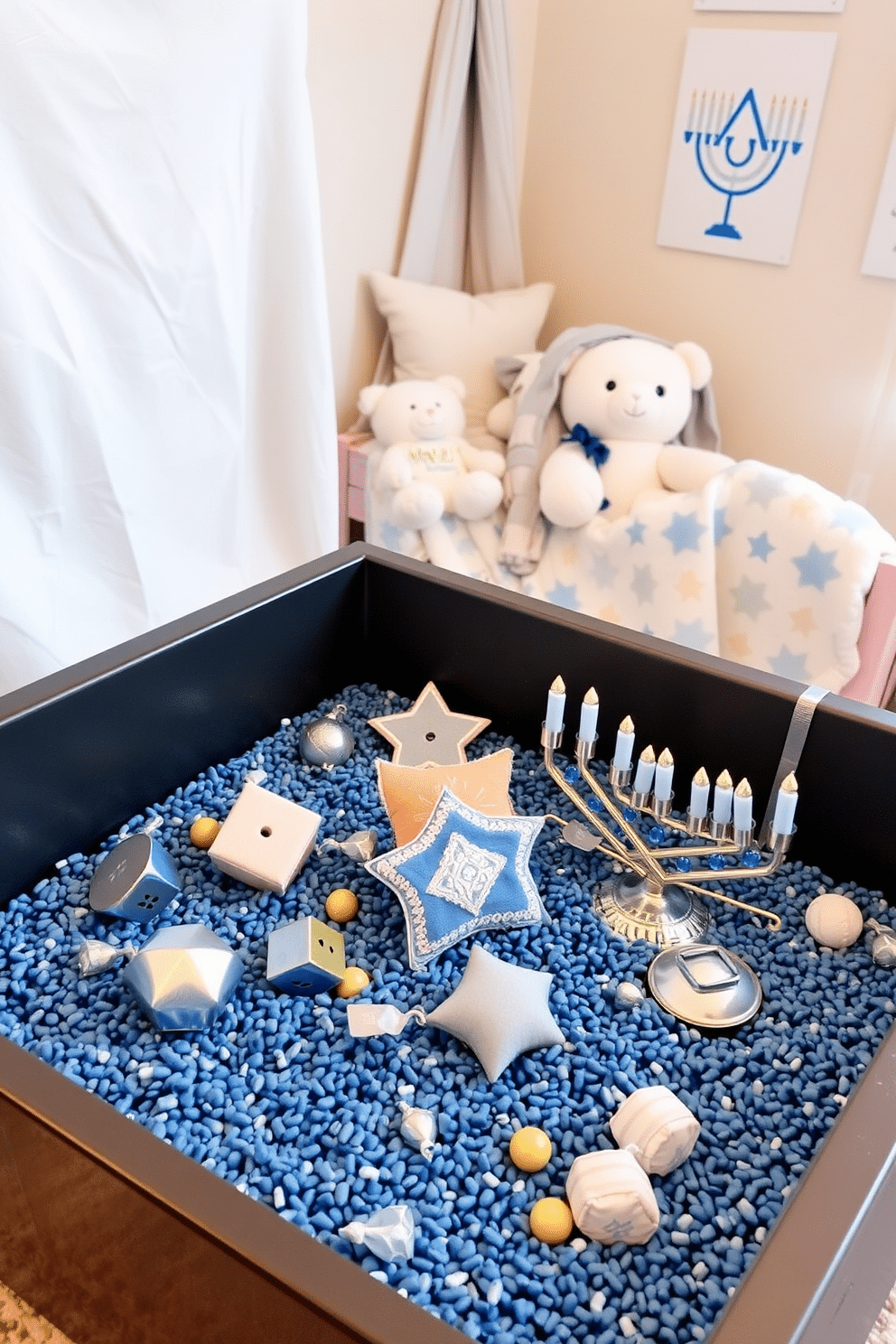 A sensory bin designed for Hanukkah, featuring blue and silver elements. The bin includes dreidels, gelt, and soft fabric menorahs, surrounded by a layer of blue rice for texture. Charming nursery decor inspired by Hanukkah, with soft pastel colors and festive motifs. The room is adorned with star and menorah-themed wall art, cozy blankets, and plush toys that celebrate the holiday spirit.