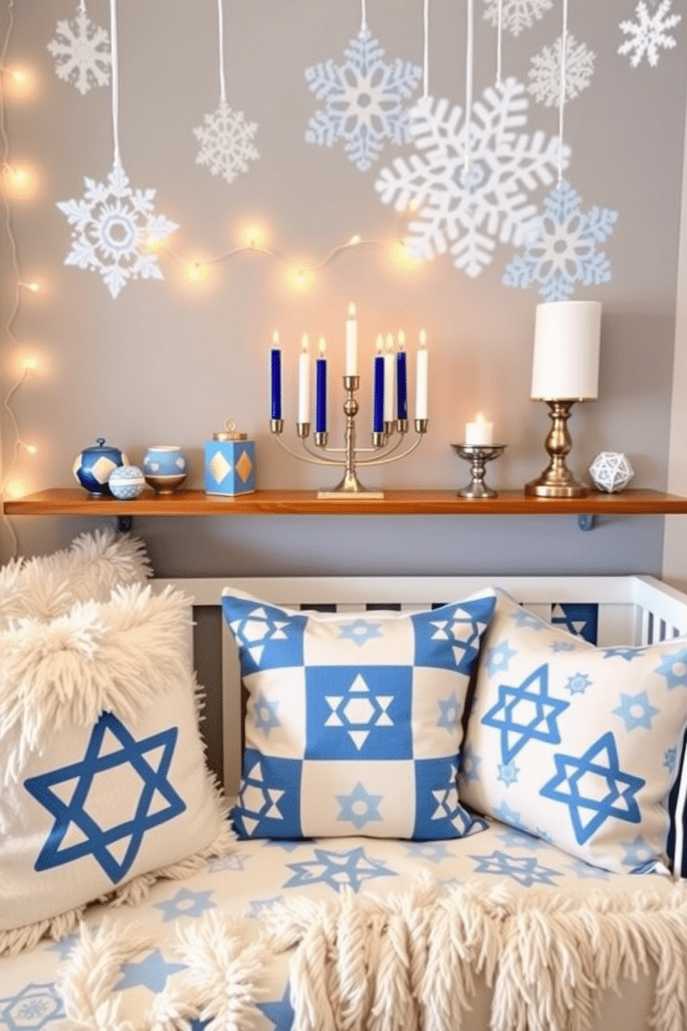 A beautifully arranged menorah shelf display features a traditional menorah in the center, flanked by decorative dreidels and elegant candles in vibrant colors. The backdrop is adorned with twinkling fairy lights, creating a warm and inviting atmosphere perfect for the Hanukkah season. For nursery Hanukkah decorating ideas, a cozy corner is transformed with soft blue and white accents, including plush pillows and a festive quilt featuring menorah patterns. Delicate paper snowflakes and stars hang from the ceiling, adding a whimsical touch to the space while celebrating the holiday spirit.