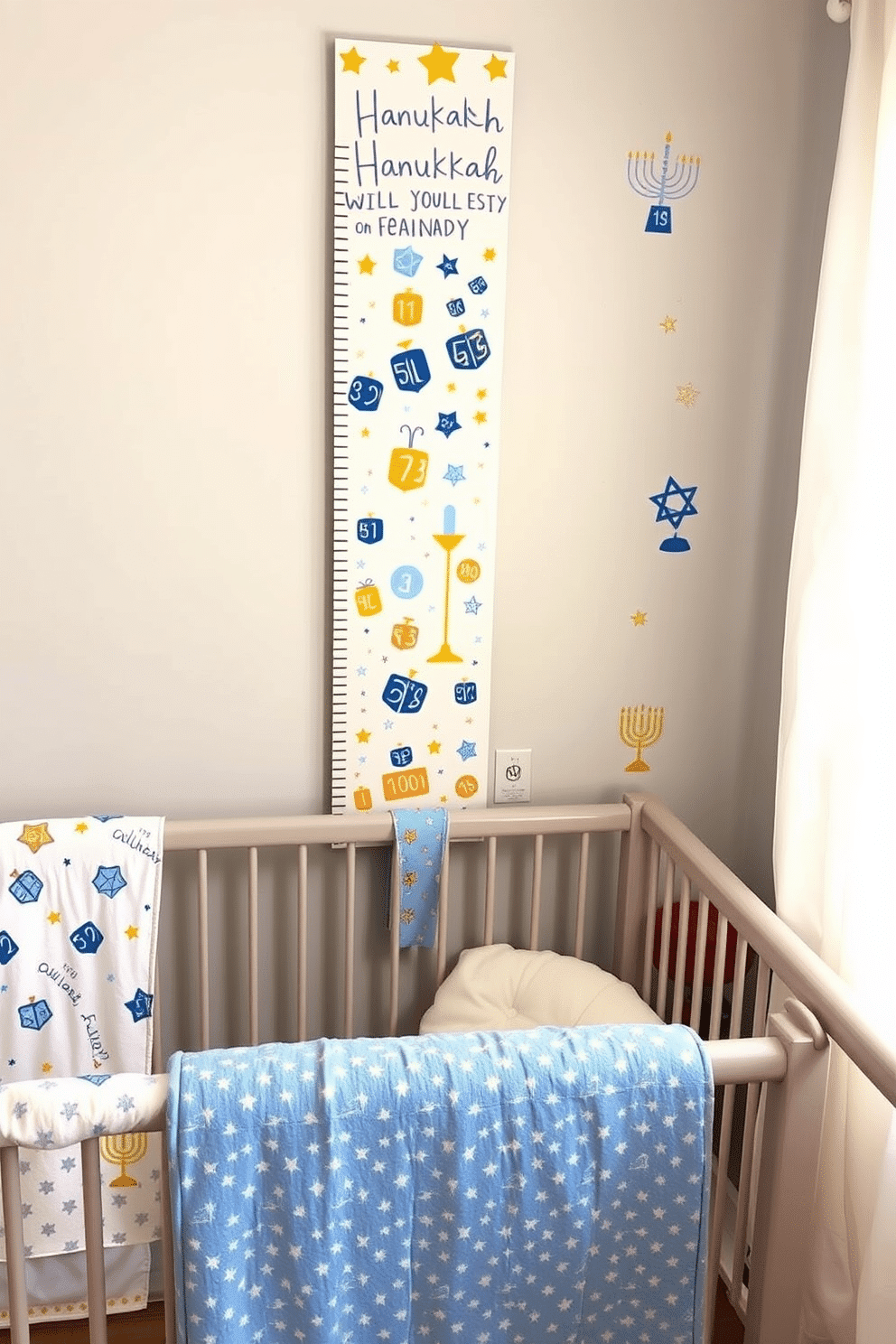 A whimsical Hanukkah-themed growth chart designed for a nursery. The chart features playful illustrations of dreidels, menorahs, and stars, all in vibrant blues and golds, with a soft, child-friendly background. Cozy nursery decorating ideas for Hanukkah include soft, pastel-colored blankets adorned with festive patterns. Wall decals of menorahs and playful characters engage children while adding a touch of holiday spirit to the space.