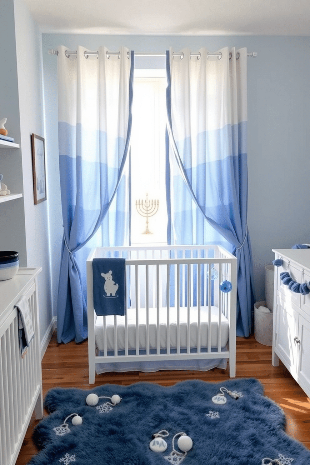 A serene nursery space adorned with blue and white curtains that gently frame a large window, allowing soft natural light to filter in. The walls are painted a calming pastel blue, creating a tranquil atmosphere for the little one. For Hanukkah, the nursery is decorated with tasteful accents, including a small menorah on a shelf and blue and silver ornaments hanging from the curtains. A cozy rug in shades of blue adds warmth to the wooden floor, complementing the festive decor.