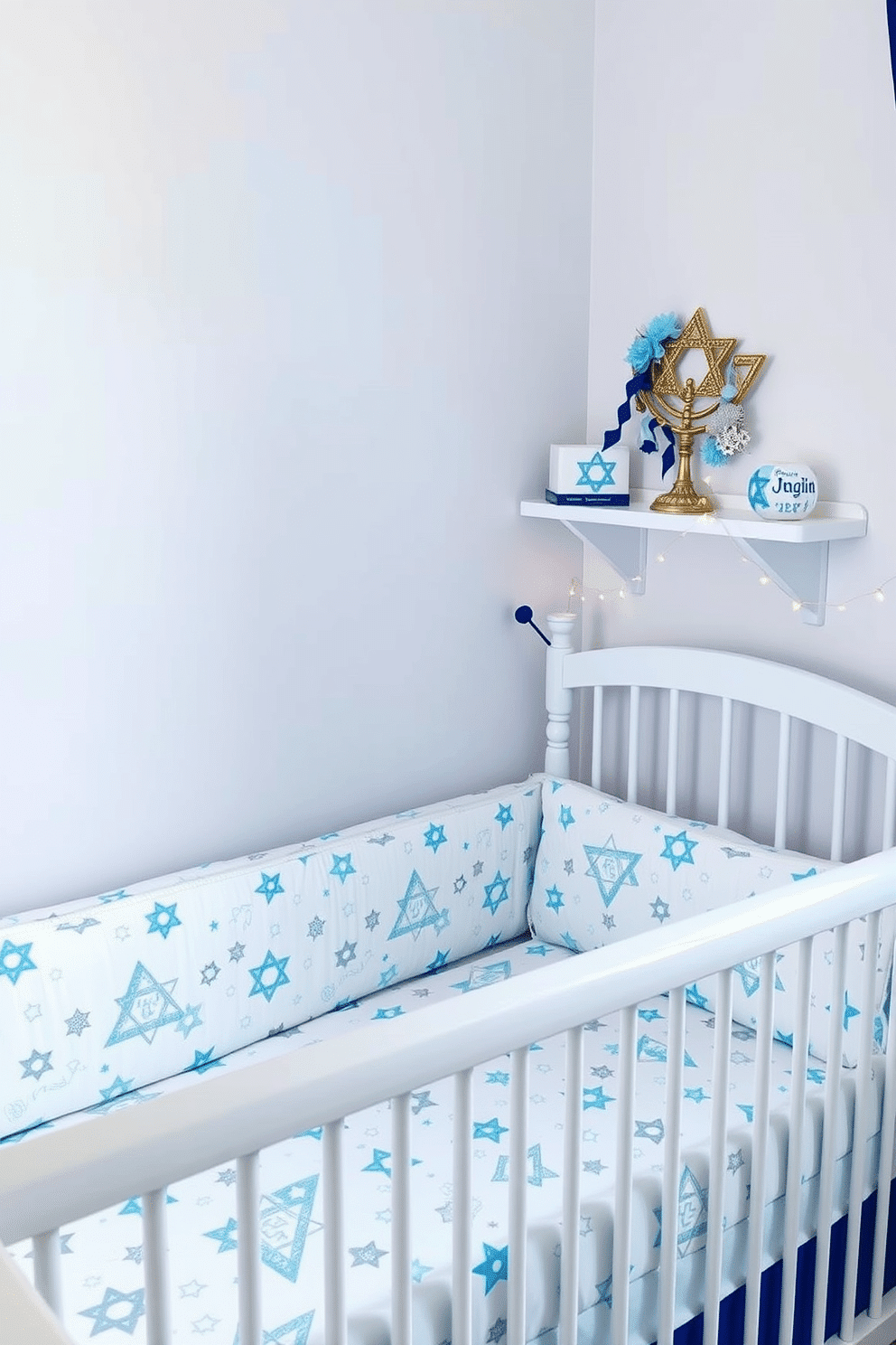 A cozy nursery adorned with festive crib sheets featuring playful Star of David patterns in blue and silver. The walls are painted a soft pastel hue, and a beautifully decorated menorah sits on a shelf, complementing the Hanukkah theme with twinkling lights and cheerful decorations.