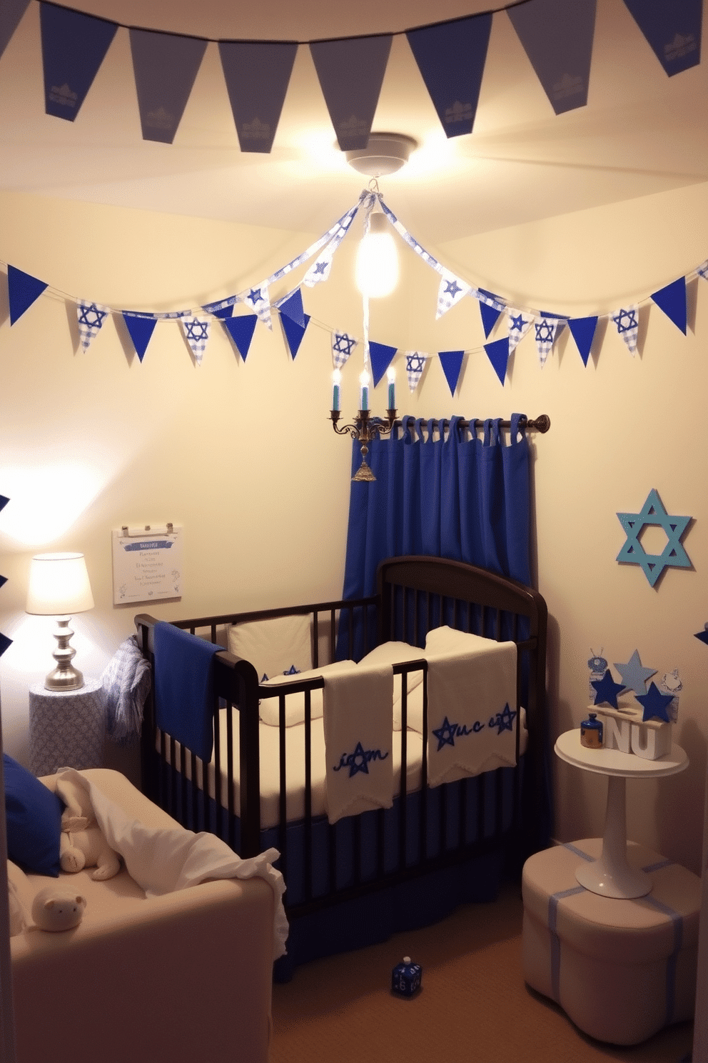 A charming nursery decorated for Hanukkah features blue and white bunting adorning the walls, creating a festive atmosphere. Soft lighting illuminates the space, highlighting a cozy crib with plush bedding and a decorative mobile hanging above. In one corner, a small table is set with a menorah surrounded by blue and white candles, adding a traditional touch. Colorful dreidels and star of David decorations are scattered throughout, enhancing the holiday spirit in this inviting nursery.