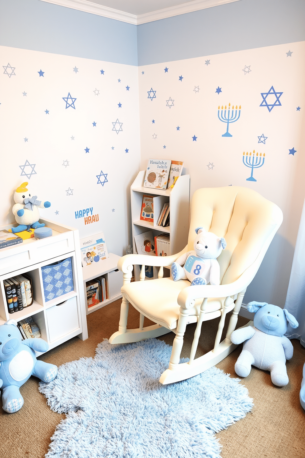 A cozy nursery adorned with Hanukkah-themed plush toys scattered throughout the room. Soft blue and white hues dominate the decor, with a plush dreidel and menorah toy sitting on a pastel rocking chair. The walls are decorated with whimsical wall decals featuring stars and menorahs, creating a festive atmosphere. A small bookshelf holds Hanukkah storybooks, while a plush rug in the shape of a star adds warmth to the space.