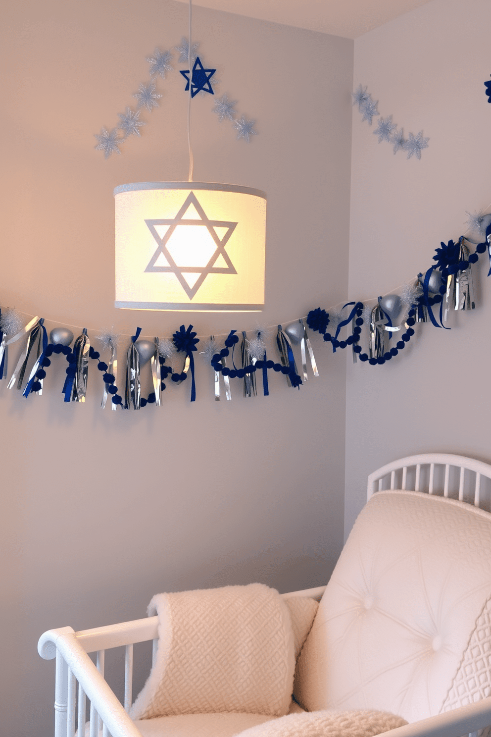 A charming nursery adorned for Hanukkah features a cozy corner with a Star of David lamp shade casting a warm glow. Soft pastel colors dominate the walls, while festive decorations, such as blue and silver garlands, hang above a plush rocking chair.