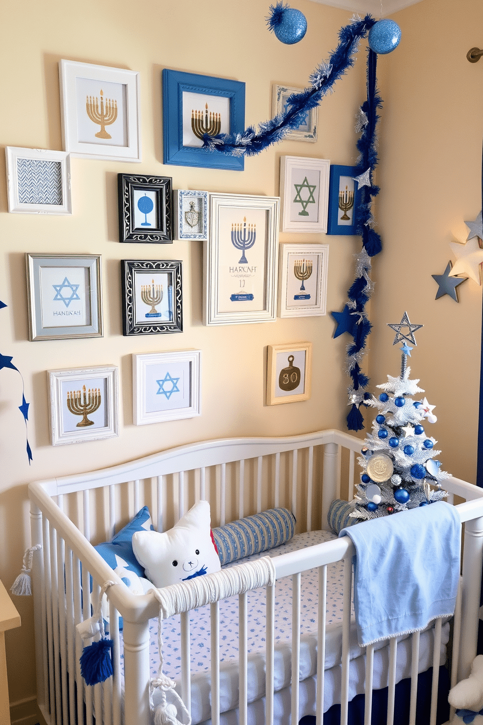 A cozy nursery decorated for Hanukkah, featuring a collection of beautifully designed picture frames in various sizes, each adorned with traditional symbols like menorahs and dreidels. The frames are arranged on a soft pastel wall, complemented by plush toys and festive blue and silver accents throughout the room. Incorporate whimsical Hanukkah-themed elements such as star-shaped garlands and a small, decorated Hanukkah tree in the corner. The nursery's soft lighting creates a warm atmosphere, inviting a sense of joy and celebration for the holiday season.