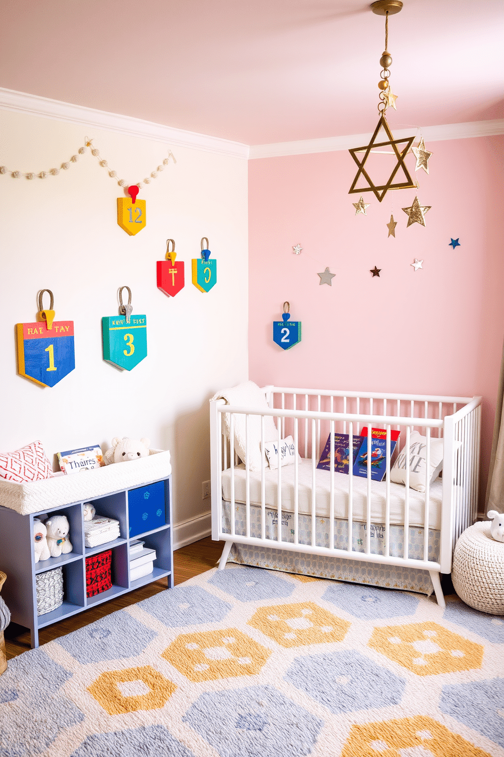 A whimsical nursery featuring dreidel wall hooks made from colorful wood, each painted with traditional symbols. The walls are adorned with soft pastels, and a cozy reading nook is created with plush cushions and a small bookshelf filled with festive children's books. The decor includes playful Hanukkah elements, such as star-shaped garlands and a menorah-themed mobile hanging from the ceiling. A soft, patterned rug in shades of blue and gold ties the room together, providing a warm space for play and celebration.