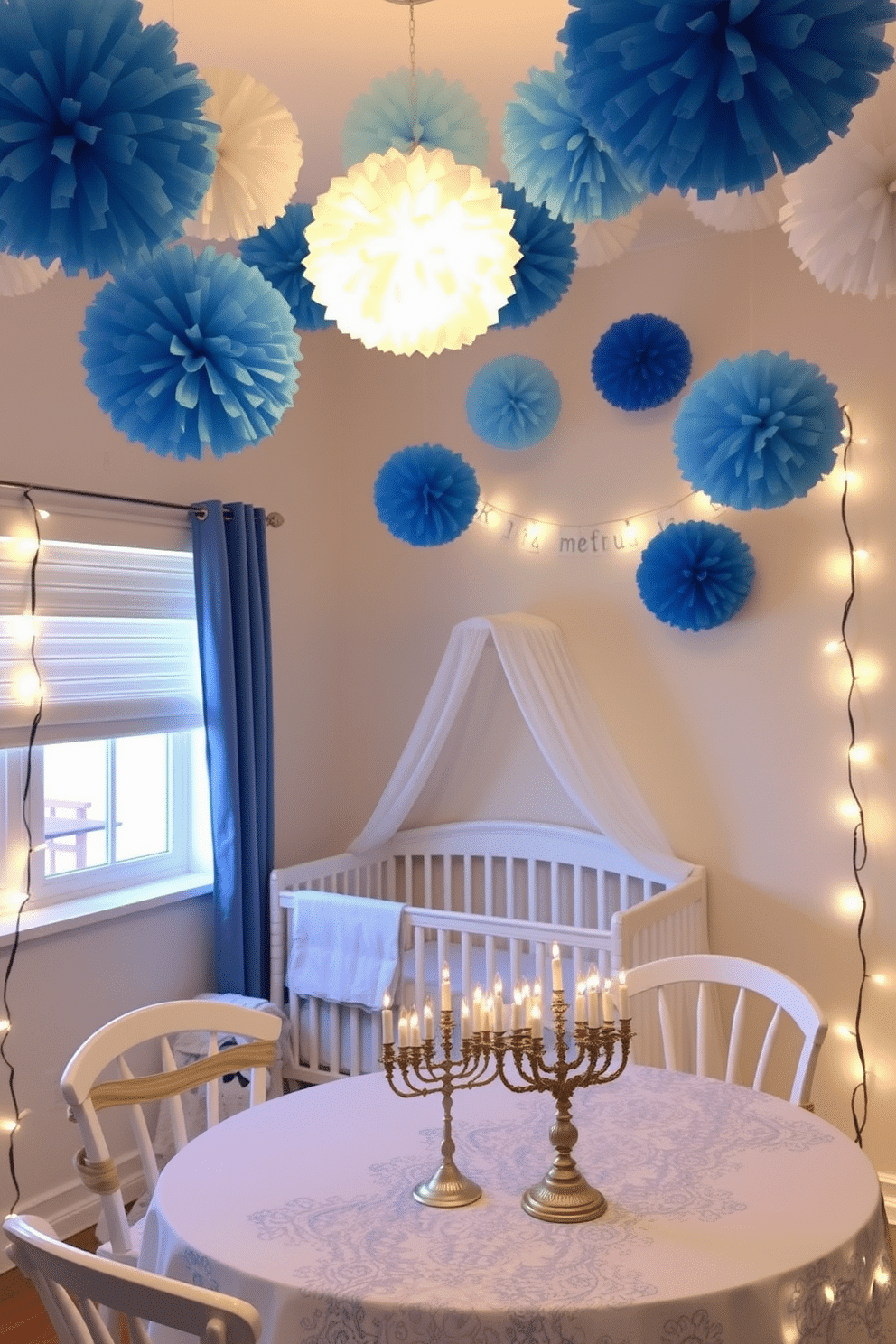 A whimsical nursery adorned with blue and white pom-poms hanging from the ceiling, creating a playful atmosphere. The walls are painted in soft pastel hues, and a cozy crib is draped with a light, airy canopy. For Hanukkah decorating, a beautifully set table features a blue and white tablecloth with elegant menorah centerpieces. Twinkling fairy lights are strung around the room, enhancing the festive ambiance with a warm glow.