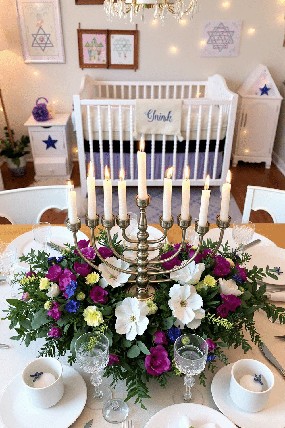 A stunning Menorah table centerpiece adorned with elegant candles, surrounded by a lush arrangement of seasonal greenery and vibrant flowers. The table is set with fine china and sparkling glassware, creating a warm and inviting atmosphere for Hanukkah celebrations. A cozy nursery decorated for Hanukkah, featuring soft pastel colors and playful designs. The space includes a beautifully crafted crib with themed bedding, whimsical wall art, and a gentle glow from decorative string lights, perfect for creating a festive yet comforting environment.