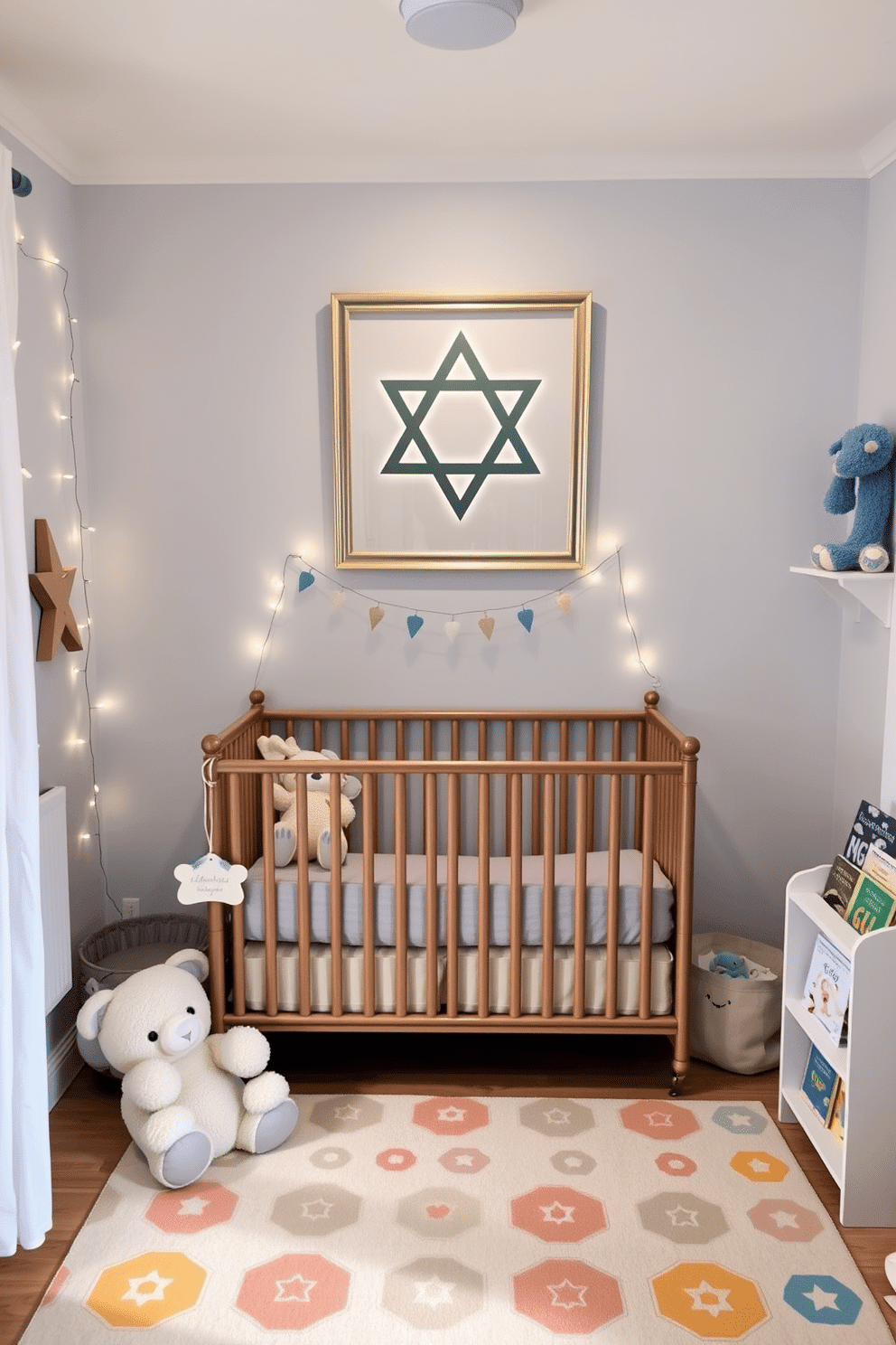 A serene nursery setting featuring a beautiful Star of David wall art piece, elegantly framed and hung above a cozy crib. The walls are painted in soft pastel colors, complemented by plush toys and decorative elements that celebrate Hanukkah traditions. The room is adorned with twinkling fairy lights and subtle blue and white accents, creating a warm and inviting atmosphere for the holiday season. A colorful rug adds a playful touch to the floor, while a small bookshelf displays children's books about Hanukkah and Jewish culture.