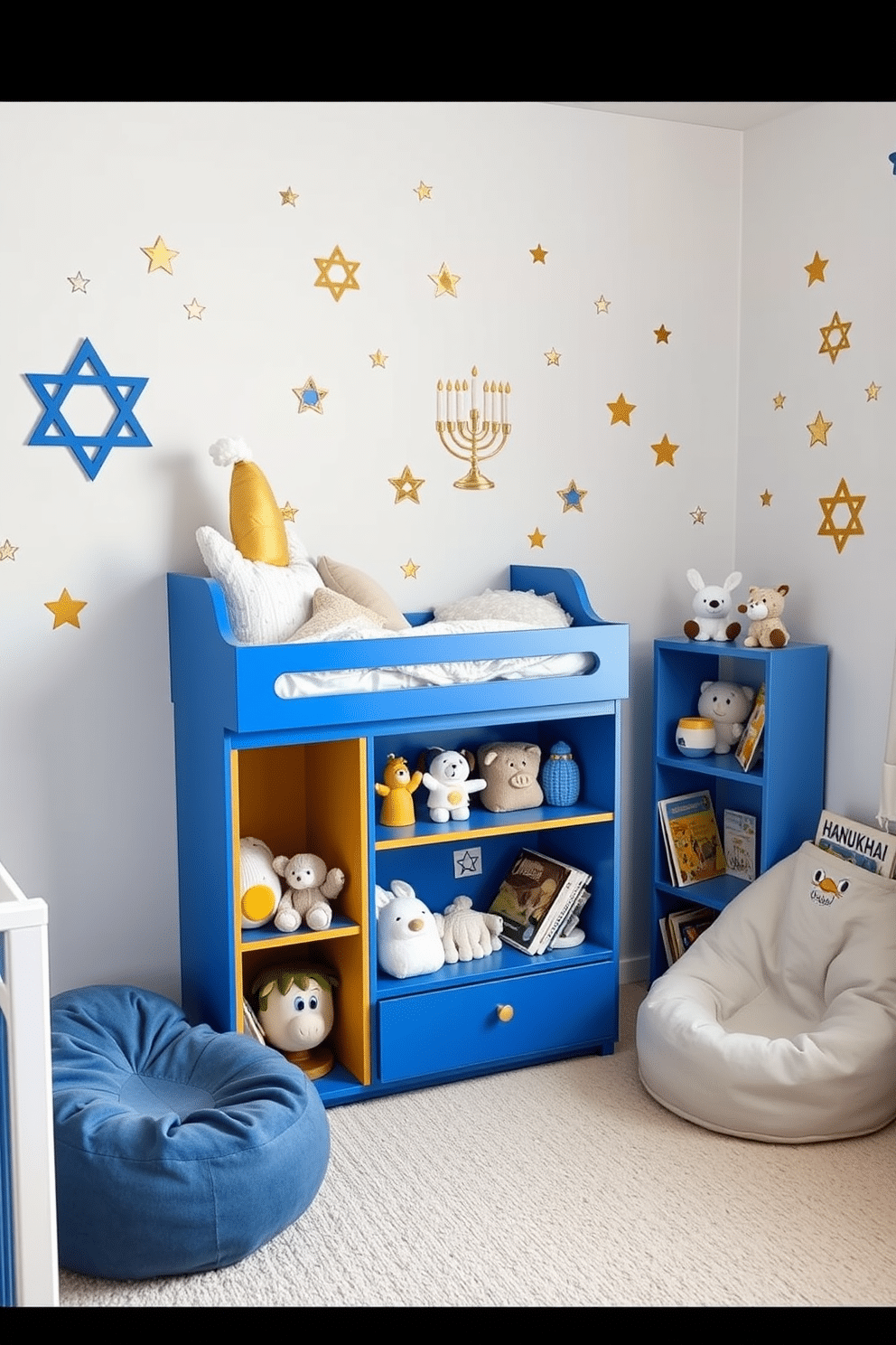 A cozy nursery space designed for Hanukkah, featuring a whimsical toy storage unit shaped like a dreidel, painted in vibrant blue and gold colors. Soft, plush toys and decorative menorahs are neatly arranged on the shelves, creating a festive atmosphere. The walls are adorned with cheerful Hanukkah-themed wall decals, including stars and menorahs, while a gentle blue and white color palette sets a calming tone. A cozy reading nook with a plush bean bag chair and a small bookshelf filled with holiday-themed storybooks completes the enchanting decor.