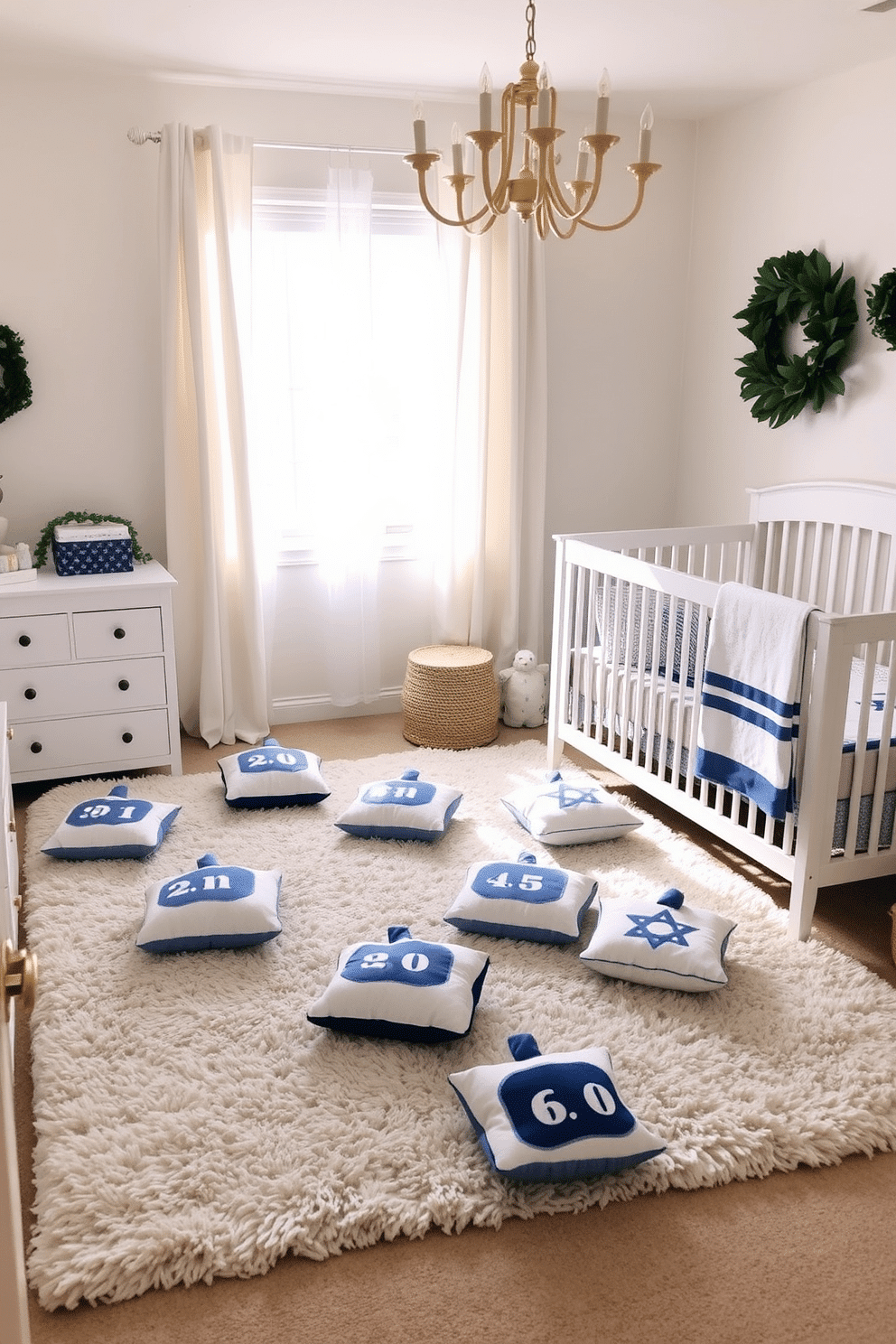 A cozy nursery adorned for Hanukkah features soft dreidel-shaped cushions scattered across a plush area rug. The walls are painted in a gentle pastel hue, and the window is dressed with sheer curtains that let in soft, natural light, enhancing the festive atmosphere.