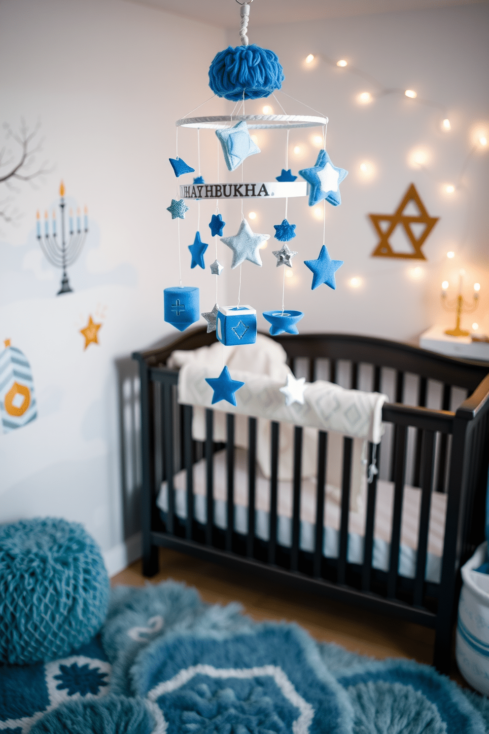 A whimsical Hanukkah-themed crib mobile hangs delicately above the crib, featuring blue and silver ornaments shaped like dreidels, stars, and menorahs. Soft, plush materials create a cozy and inviting atmosphere, with gentle movement that captivates the attention of little ones. The nursery is adorned with festive Hanukkah decorations, including a cheerful wall mural depicting a snowy scene with a menorah and playful dreidels. A plush area rug in shades of blue and white adds warmth, while twinkling string lights create a magical ambiance for bedtime stories.