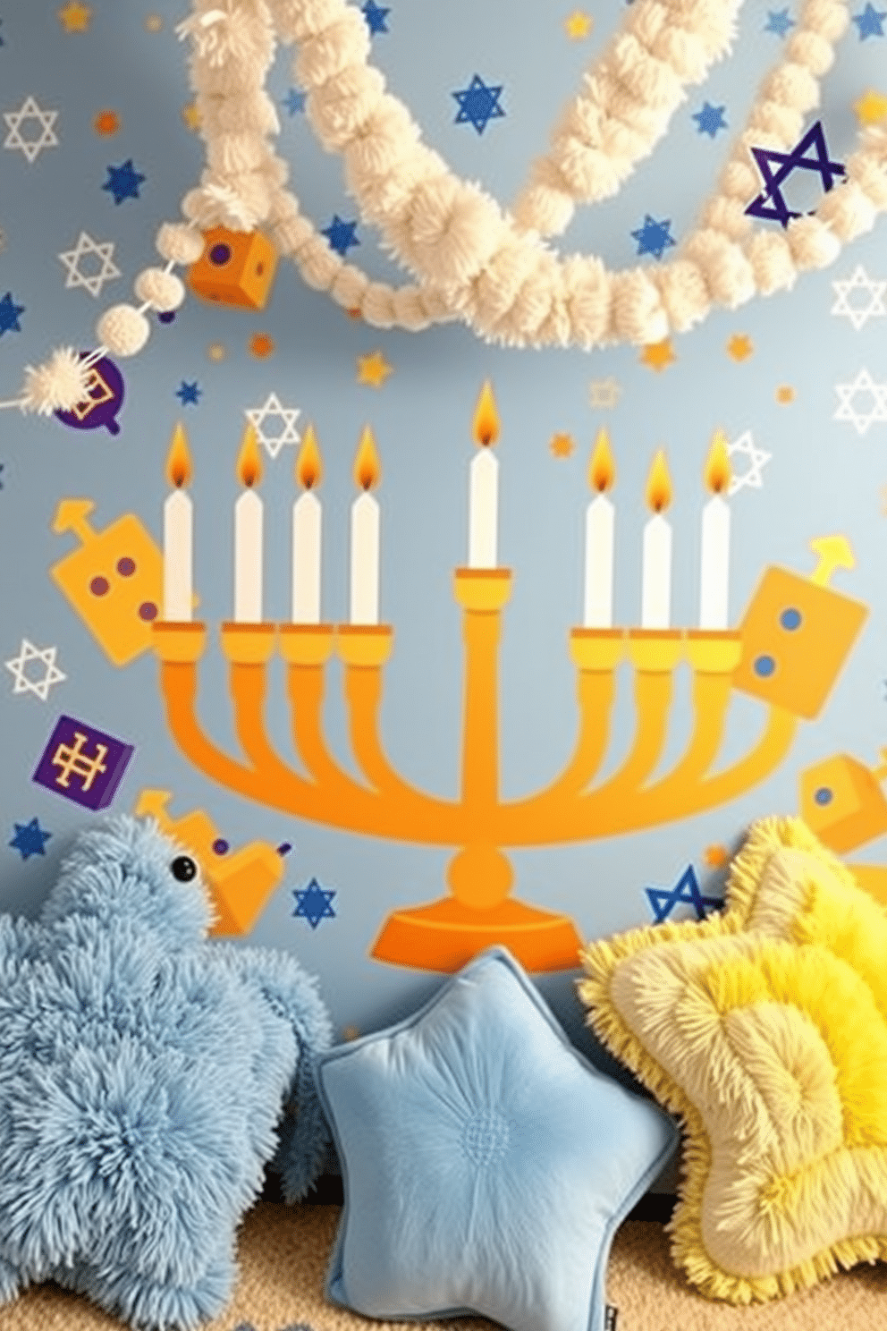 A vibrant Hanukkah-themed wall mural featuring a large menorah surrounded by colorful dreidels and stars of David. The mural is adorned with shades of blue and gold, creating a festive atmosphere that celebrates the holiday spirit. For nursery Hanukkah decorating ideas, consider soft pastel colors and playful motifs that incorporate symbols of the holiday. Hang whimsical garlands of dreidels and menorahs, and use plush cushions in star shapes to create a cozy, inviting space for little ones.