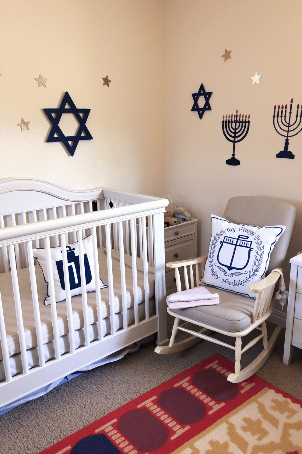 A cozy nursery adorned for Hanukkah features a soft, neutral-toned crib surrounded by playful decor. On the rocking chair, two dreidel-patterned throw pillows add a festive touch, inviting warmth and comfort. The walls are painted a gentle pastel, decorated with whimsical stars and menorahs to enhance the holiday spirit. A small, colorful rug lies on the floor, creating a cheerful play area for little ones during the celebration.