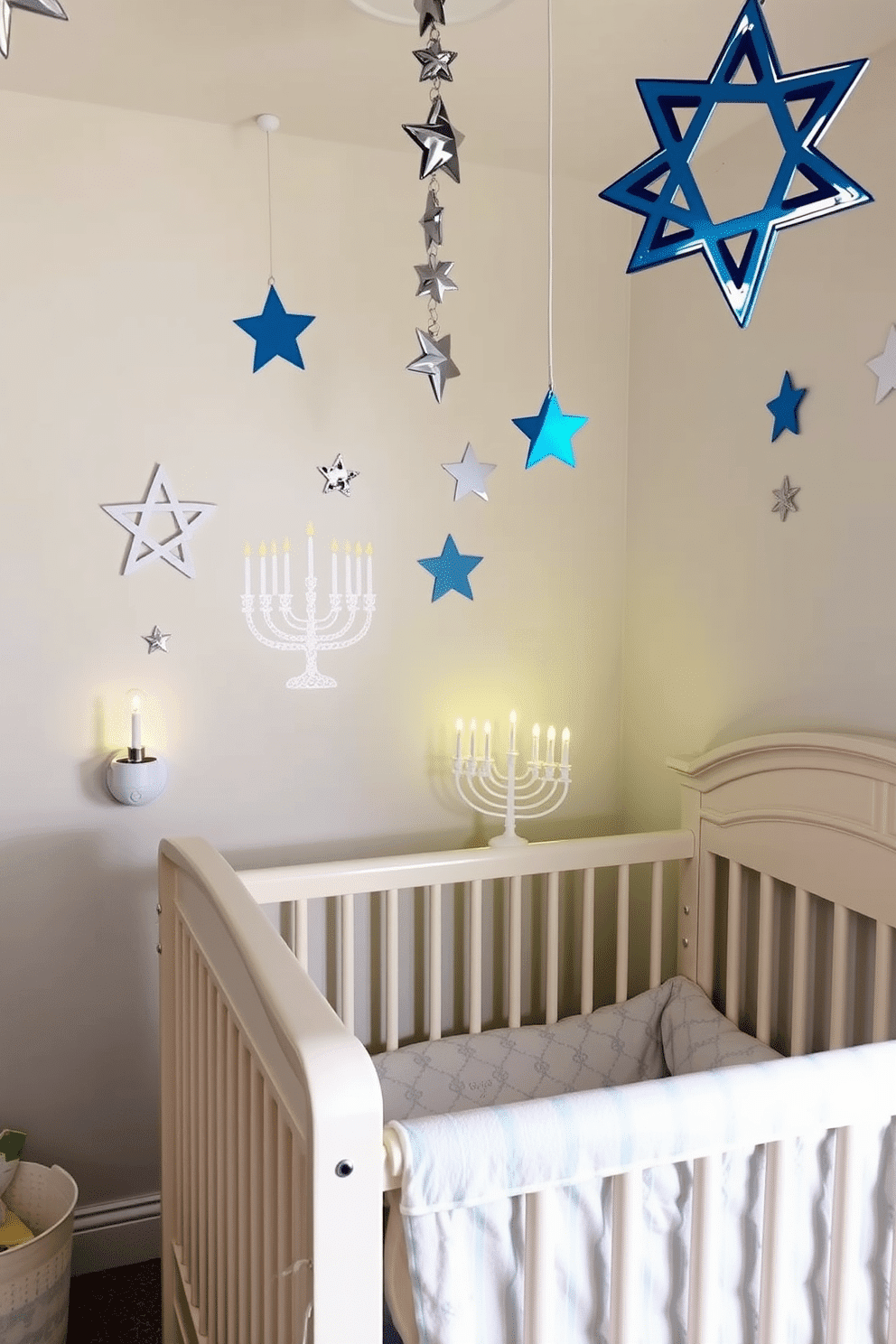 A cozy nursery adorned for Hanukkah, featuring a beautifully designed Menorah night light that casts a warm glow. The walls are painted in soft pastel colors, with festive decorations like blue and silver stars hanging from the ceiling, creating a magical atmosphere for the holiday season.