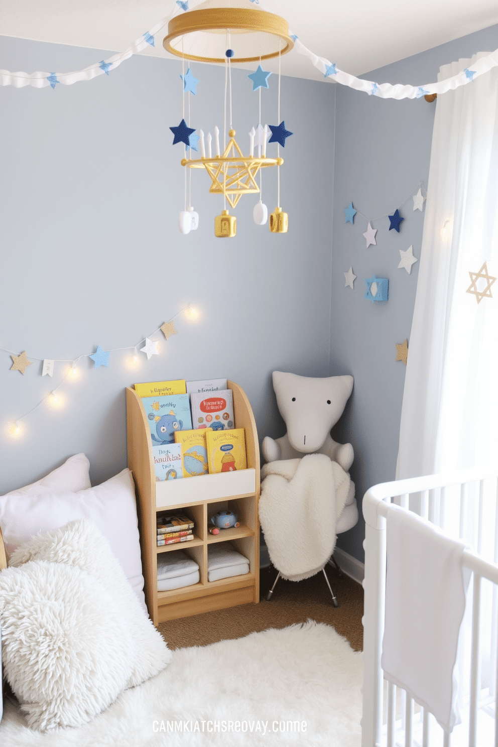 A cozy Hanukkah storybook corner filled with plush cushions and soft blankets invites children to sit and read. A small bookshelf displays colorful storybooks about Hanukkah, while a string of blue and white fairy lights adds a warm glow to the space. The nursery is adorned with whimsical Hanukkah decorations, featuring star and dreidel motifs in soft pastels. A mobile with hanging menorahs and gelt adds a playful touch above the crib, creating a festive atmosphere for the little ones.