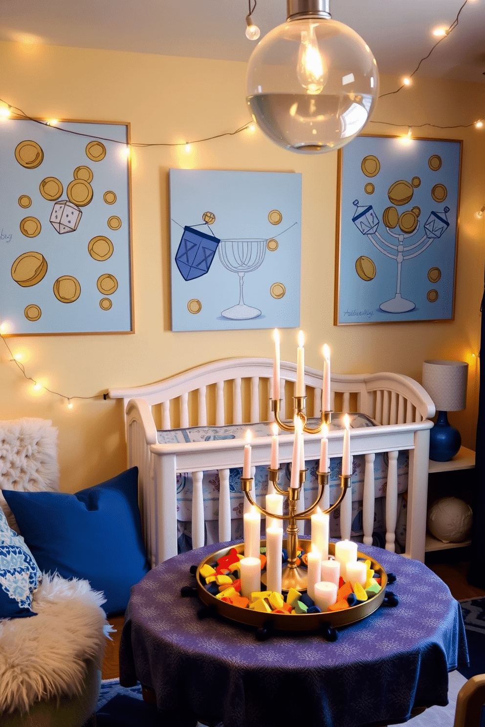 A vibrant nursery adorned with gelt-themed wall art, featuring playful illustrations of gold coins and dreidels in a whimsical style. The walls are painted in soft pastel colors, and cozy, plush furniture creates a warm and inviting atmosphere for children. For Hanukkah decorating ideas, the space is enhanced with string lights and blue and silver accents, creating a festive ambiance. A beautifully arranged table displays traditional menorah candles alongside colorful gelt, inviting family gatherings and celebrations.