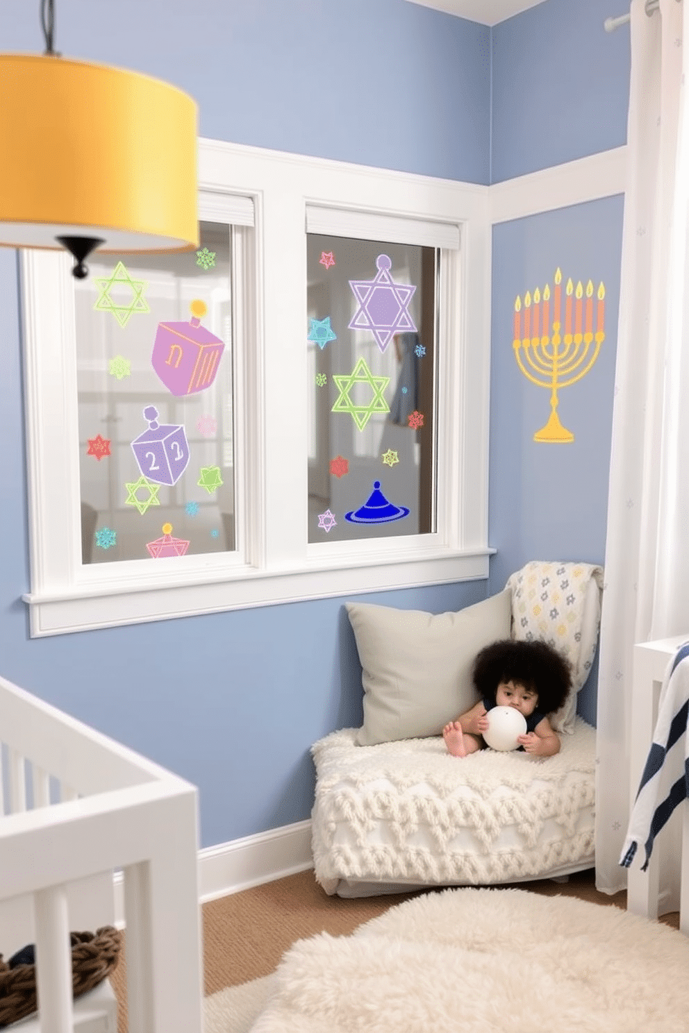 A cheerful nursery decorated for Hanukkah features colorful festive window clings depicting dreidels and menorahs, creating a joyful atmosphere. Soft blue walls complement the playful designs, while a cozy reading nook with plush cushions invites children to enjoy holiday stories.