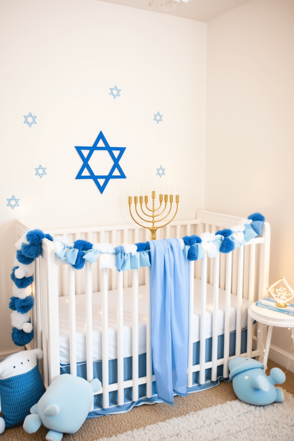 A festive nursery adorned with a Hanukkah garland, featuring blue and white colors, drapes across the crib. Soft, plush toys in the shape of dreidels and menorahs are scattered around, complementing the cozy atmosphere. The walls are painted a gentle pastel shade, with star of David decals adding a touch of charm. A small table displays a beautifully arranged menorah, surrounded by delicate, twinkling fairy lights for a warm glow.