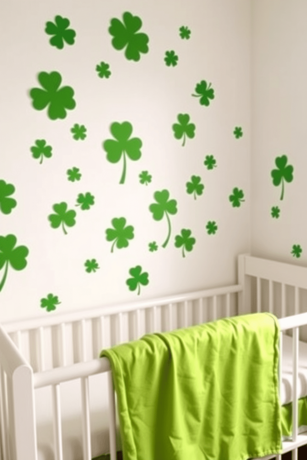 A whimsical nursery adorned with green shamrock wall decals, creating a festive atmosphere for St. Patrick's Day. The decals are playfully arranged on soft white walls, complementing a cozy crib draped with a light green blanket.