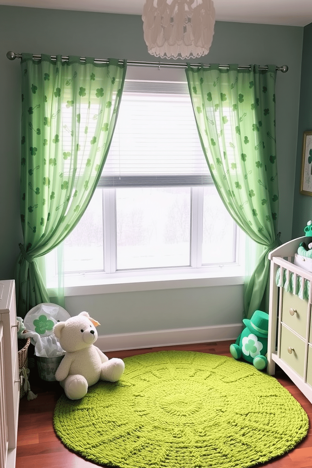 A cozy nursery adorned with green and gold curtains that gently frame a large window, allowing soft natural light to filter in. The curtains feature a playful leaf pattern, complementing the room's calming atmosphere. For St. Patrick's Day, the nursery is decorated with whimsical touches, including shamrock-themed wall art and plush toys. A cheerful green rug lies on the floor, inviting playtime while celebrating the festive spirit.