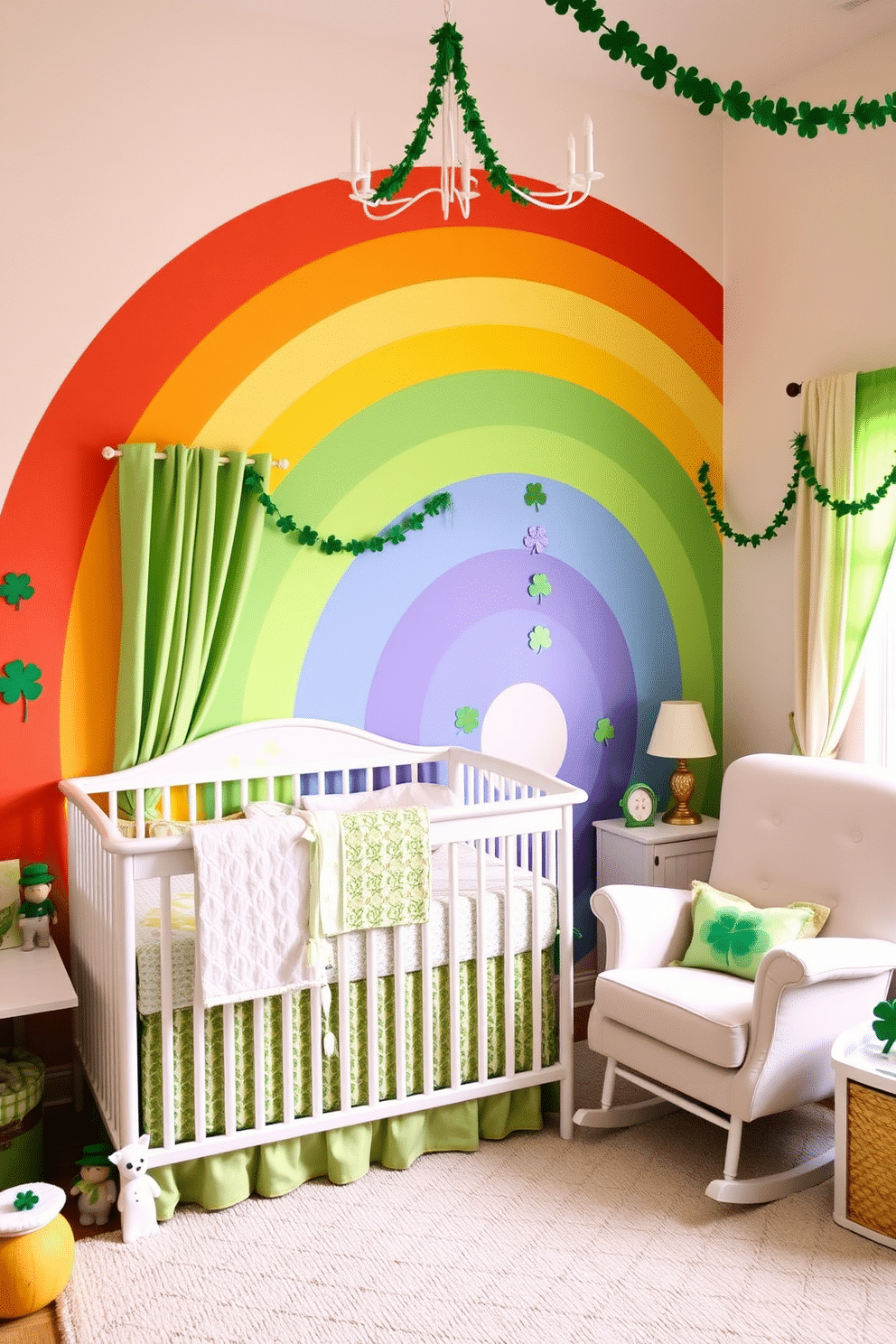 A vibrant nursery featuring a stunning rainbow wall mural that spans one entire wall, bringing a cheerful atmosphere to the space. The mural is complemented by soft, pastel-colored furniture, including a cozy crib and a plush rocking chair. For St. Patrick's Day, the nursery is adorned with whimsical decorations, including shamrock garlands and playful leprechaun figurines. Soft green and gold accents in the bedding and curtains create a festive yet soothing environment for little ones.