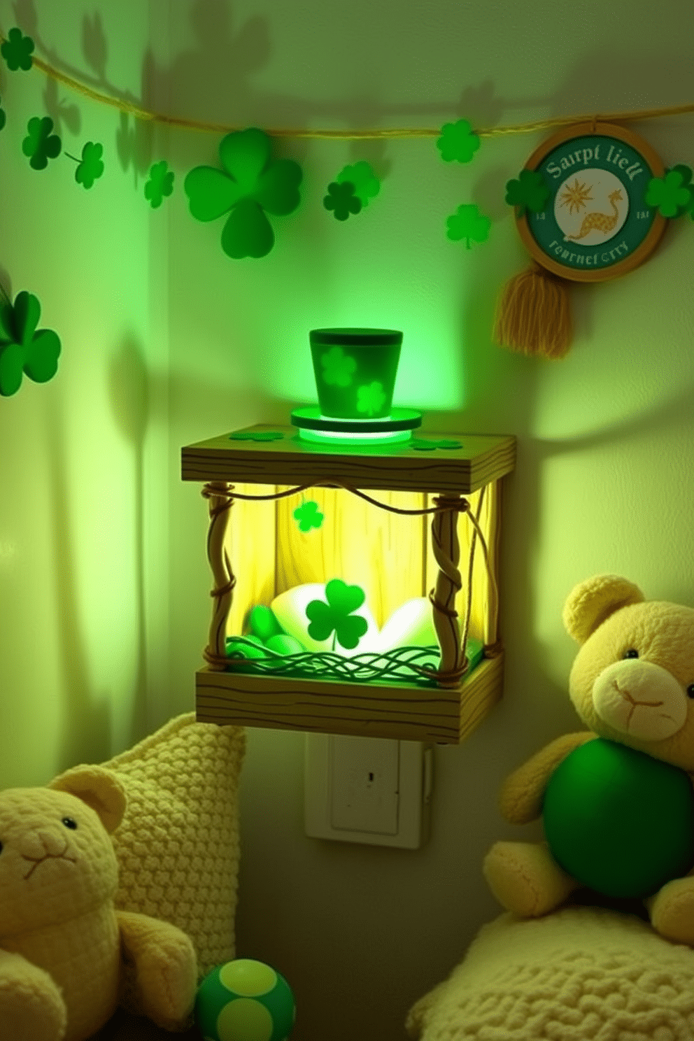 A whimsical leprechaun trap nightlight designed for a nursery, featuring a charming wooden structure adorned with green and gold accents. The soft glow emanating from within the trap creates a magical ambiance, perfect for St. Patrick's Day celebrations. Delicate St. Patrick's Day decorating ideas for a nursery, incorporating playful elements like shamrock garlands and cheerful green accents. The space is filled with plush toys and soft textiles, creating a cozy environment that celebrates the festive spirit.