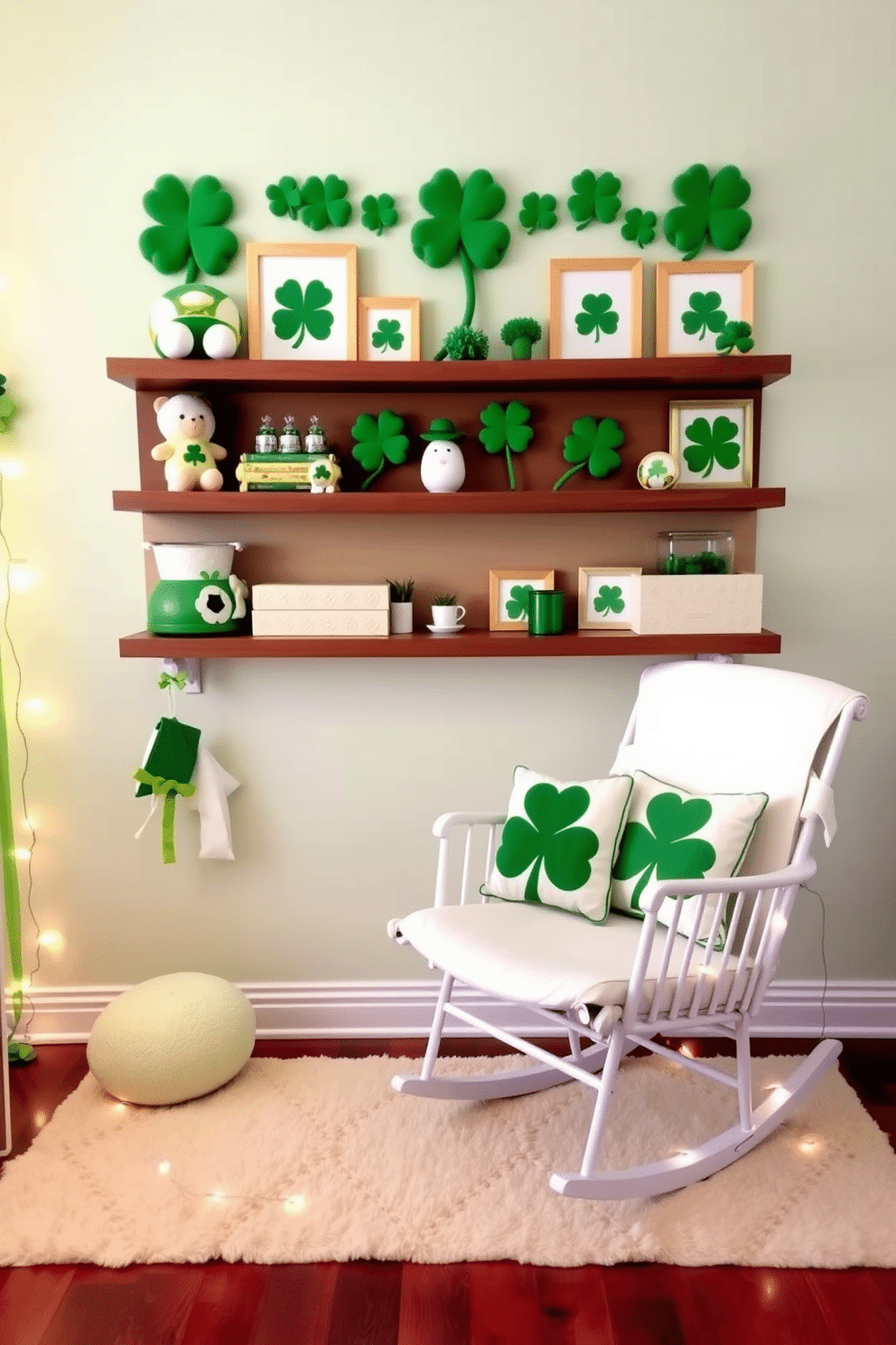 A charming nursery decorated for St. Patrick's Day features a whimsical arrangement of four-leaf clover wall art, bringing a touch of luck and cheer to the space. The walls are painted in soft pastel colors, and the art pieces are framed in light wood, creating a warm and inviting atmosphere for little ones. Adorning the shelves are plush toys and decorative elements in shades of green, complemented by playful shamrock-themed cushions on the rocking chair. A cozy area rug in a light cream color anchors the room, while fairy lights twinkle softly, adding a magical glow for nighttime.