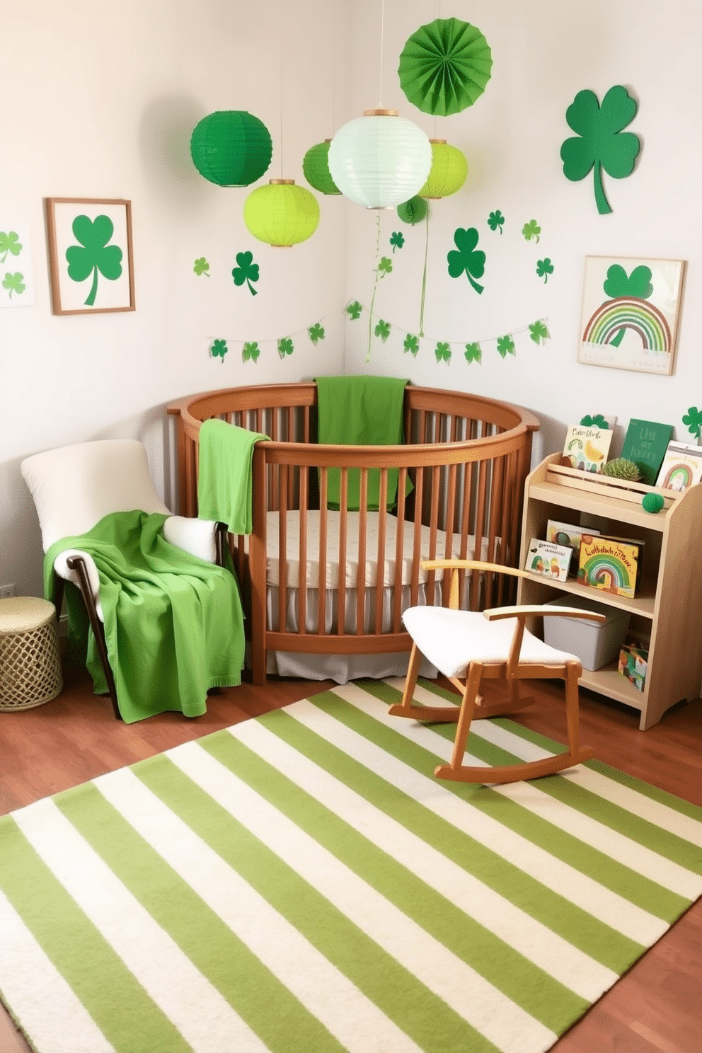 A cozy nursery adorned for St. Patrick's Day features a soft green and white striped rug that adds a playful touch to the room. The walls are decorated with cheerful shamrock-themed artwork, and a plush rocking chair sits in the corner, draped with a festive green throw blanket. In the center of the room, a wooden crib is surrounded by whimsical decorations, including hanging paper lanterns in shades of green. A small bookshelf displays children's books about leprechauns and rainbows, completing the charming holiday atmosphere.