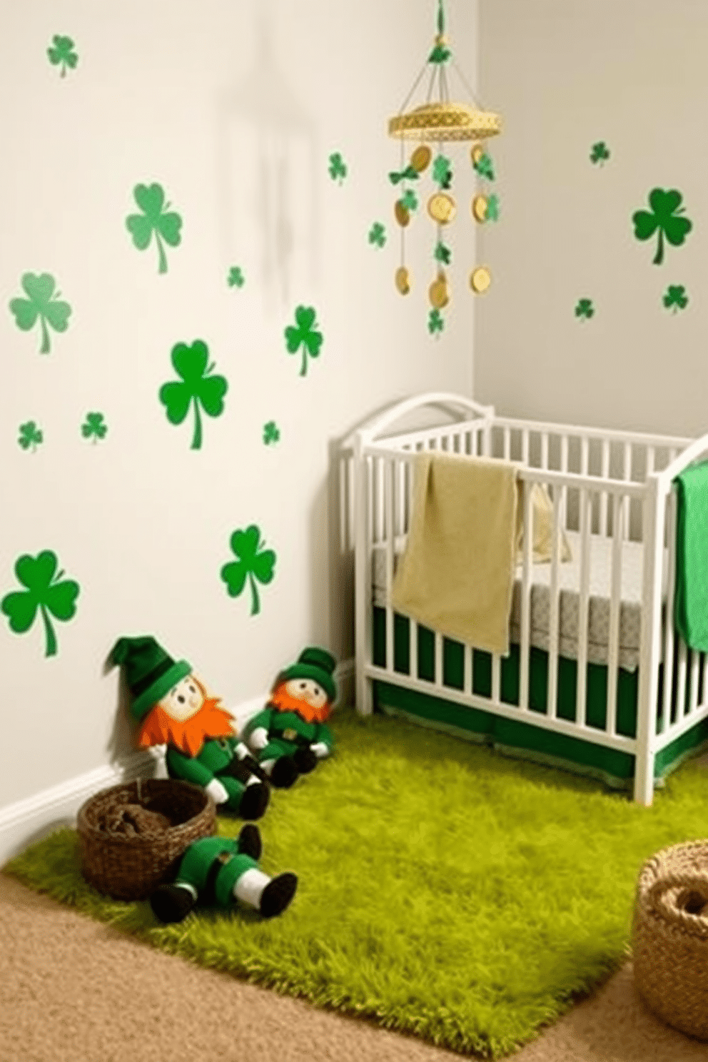 A whimsical nursery decorated for St. Patrick's Day, featuring a cozy corner with Leprechaun plush toys scattered on a soft green rug. The walls are adorned with cheerful shamrock decals, and a mobile with golden coins hangs above the crib, creating a playful and festive atmosphere.