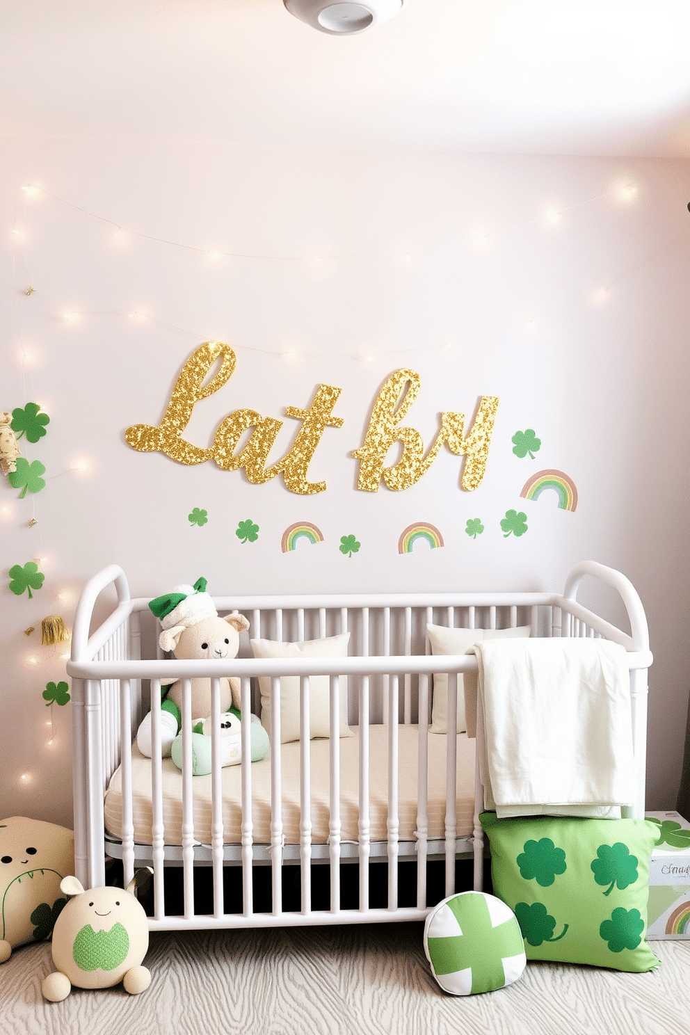 A whimsical nursery adorned with a gold glitter name banner that sparkles against a soft pastel backdrop. The banner hangs above a cozy crib, surrounded by plush toys and delicate fairy lights, creating a magical atmosphere. For St. Patrick's Day, the nursery features playful decorations with shamrocks and rainbows. Soft green accents are incorporated through cushions and wall art, adding a festive touch to the serene space.