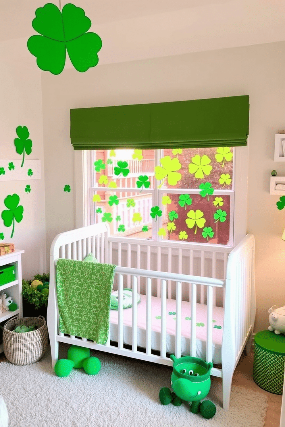 A charming nursery decorated for St. Patrick's Day features vibrant shamrock window clings that create a festive atmosphere. The walls are adorned with soft pastel colors, and playful accents like plush toys and green-themed decor enhance the celebratory spirit.