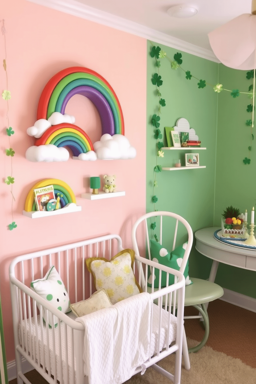 A whimsical nursery featuring rainbow and cloud wall shelves, with soft pastel colors creating a cheerful atmosphere. The shelves are adorned with plush toys and children's books, while a cozy rocking chair sits nearby, inviting moments of reading and relaxation. For St. Patrick's Day decorating ideas, envision a charming space filled with green accents and playful shamrock motifs. Delicate garlands of paper shamrocks drape across the walls, complemented by gold accents and festive table settings that celebrate the holiday's spirit.