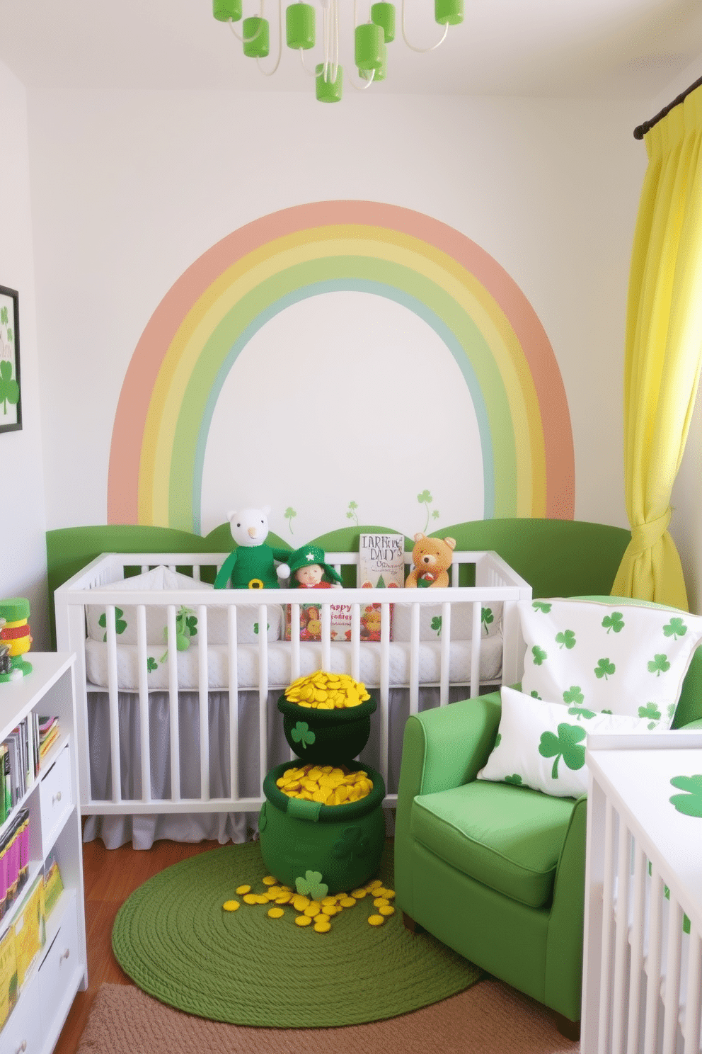 A whimsical nursery decorated for St. Patrick's Day features soft pastel colors with accents of vibrant green. A rainbow mural arches across the wall, leading to a charming pot of gold at the base, surrounded by plush toys and cheerful decor. The room is adorned with playful shamrock patterns on the bedding and curtains, creating a festive atmosphere. A cozy reading nook with a green armchair and a small bookshelf filled with storybooks completes the enchanting space.