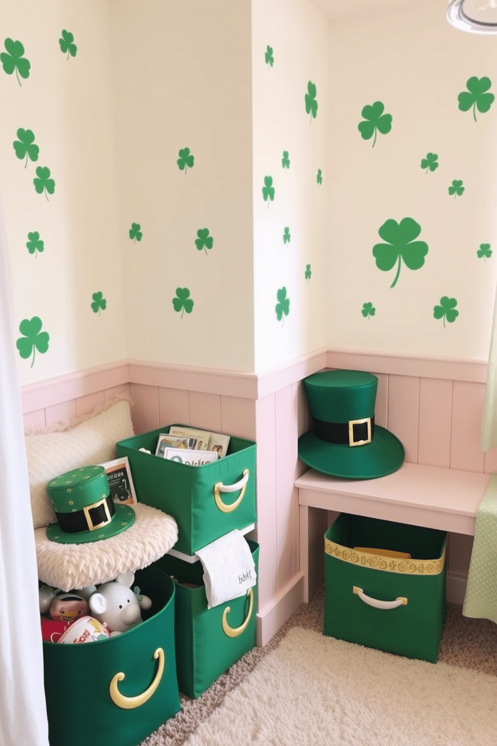 A whimsical nursery decorated for St. Patrick's Day features playful leprechaun hat storage bins in vibrant green and gold. The bins are arranged neatly in a corner, adding a festive touch while keeping toys organized and easily accessible. The walls are adorned with cheerful shamrock decals and soft pastel colors, creating a warm and inviting atmosphere. A cozy reading nook with plush cushions invites little ones to enjoy storytime amidst the festive decor.