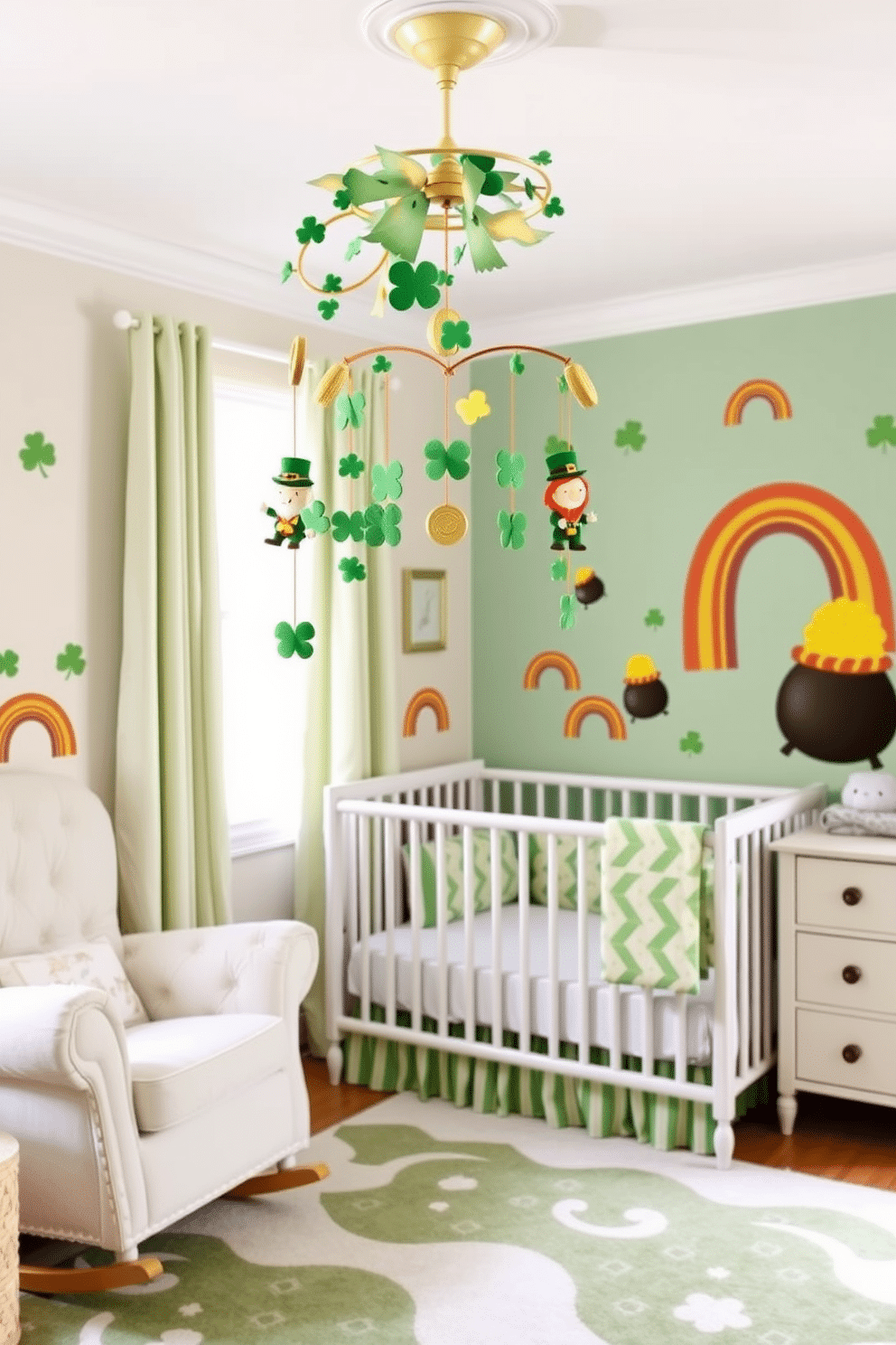 A whimsical nursery featuring a lucky charm crib mobile that gently sways above a cozy crib. The mobile is adorned with vibrant green shamrocks, gold coins, and cheerful leprechauns, creating a festive atmosphere for St. Patrick's Day. The nursery walls are painted in soft pastel shades, complemented by playful wall decals of rainbows and pots of gold. A plush area rug in shades of green and white anchors the space, while a comfortable rocking chair invites parents to relax and enjoy the enchanting decor.