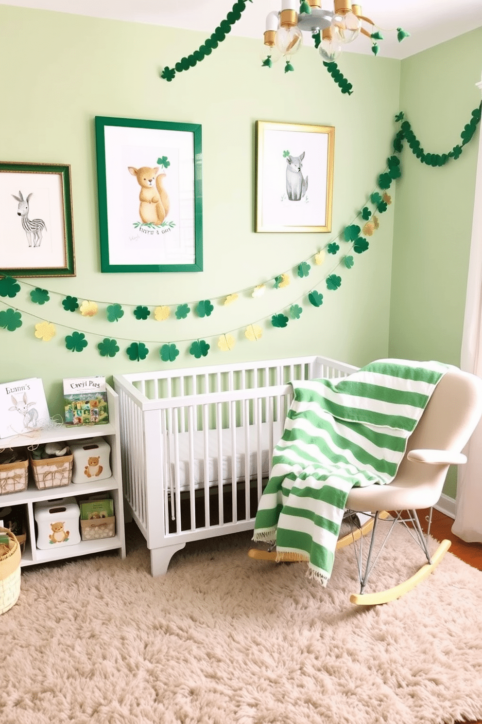 A charming nursery adorned with green and gold picture frames featuring whimsical animal illustrations. The walls are painted a soft pastel green, and a plush, neutral-colored rug lies on the floor, creating a cozy atmosphere. For St. Patrick's Day, the nursery is decorated with cheerful garlands made of shamrocks and gold accents. A small bookshelf displays themed children's books, and a green and white striped blanket is draped over a rocking chair in the corner.