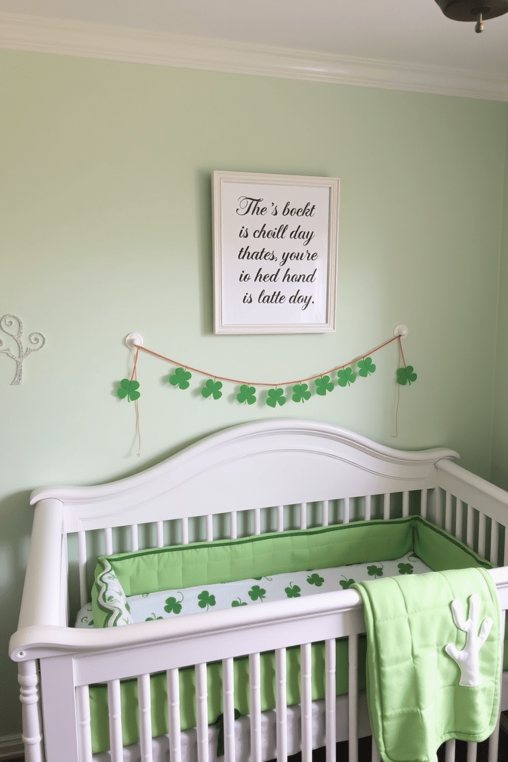 A charming nursery adorned with Irish blessing wall quotes, featuring soft pastel colors and whimsical decor. The walls are painted in a gentle mint green, and above the crib, a beautifully framed quote in elegant script adds a touch of inspiration. Cozy St. Patrick's Day decorations fill the room, with playful shamrock motifs on the bedding and cheerful green accents throughout. A small, festive garland hangs across the window, complementing the overall theme while creating a warm and inviting atmosphere.