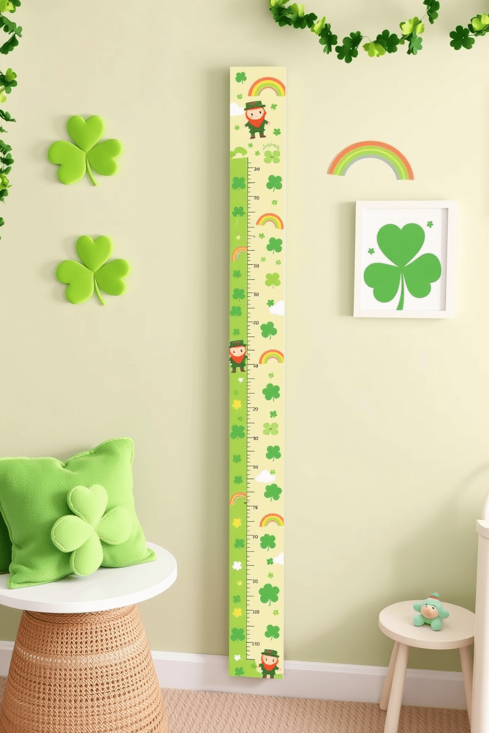 A whimsical nursery growth chart inspired by St. Patrick's Day features a vibrant design with cheerful green hues and playful shamrock patterns. The chart is adorned with cute leprechauns and rainbows, creating an enchanting atmosphere for little ones as they watch their height grow. For St. Patrick's Day decorating ideas in the nursery, include soft green accents like plush shamrock pillows and festive wall art. Hang garlands of shamrocks and gold coins to add a touch of magic, making the space festive and inviting for celebrations.