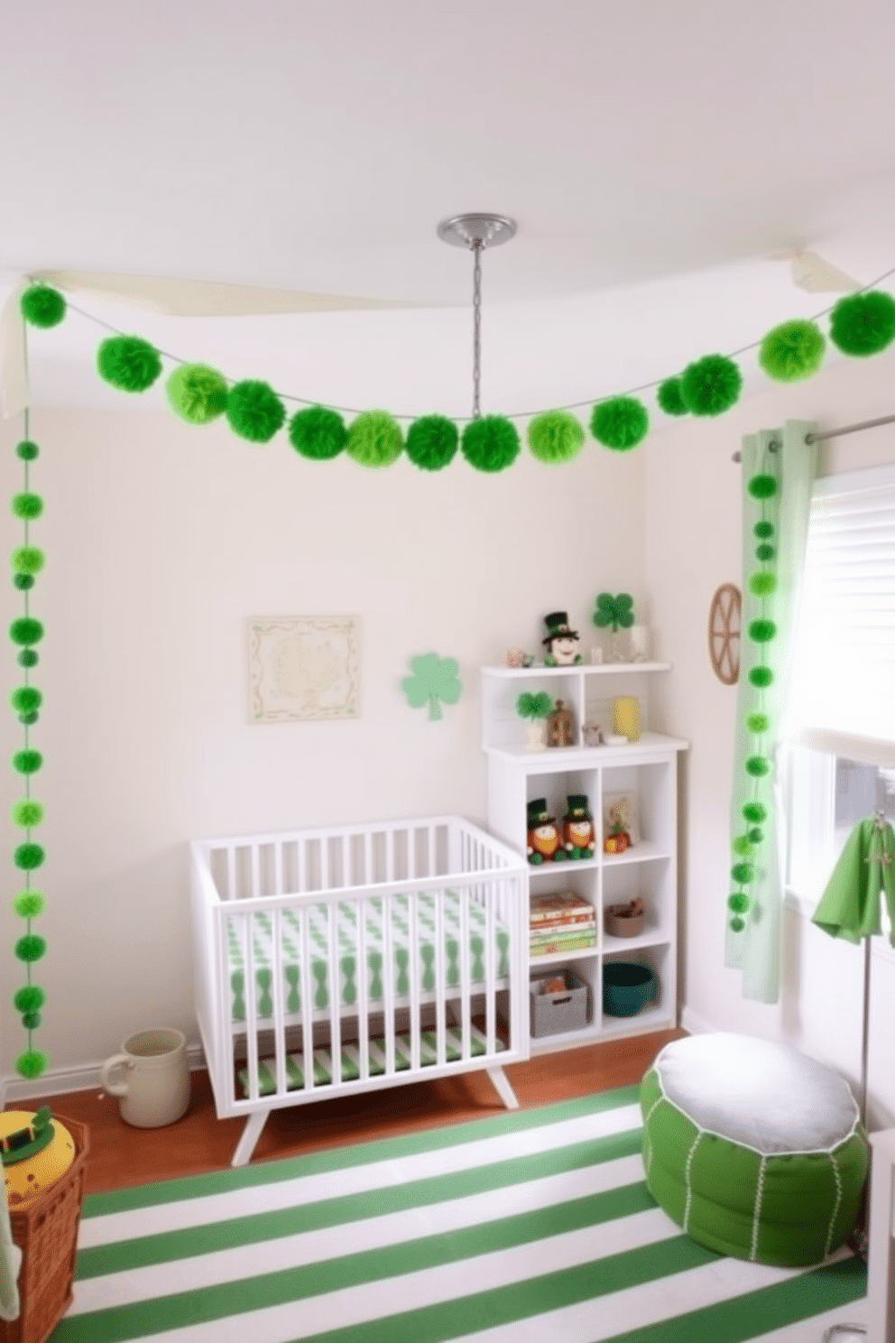 A whimsical nursery adorned with a vibrant green pom-pom garland draped across the ceiling, adding a playful touch to the space. The walls are painted in a soft pastel hue, creating a serene backdrop for the festive decor. For St. Patrick's Day, the nursery features charming decorations like plush shamrocks and cheerful leprechaun figurines strategically placed on shelves. A cozy reading nook with a green and white striped rug invites little ones to explore their favorite stories in a festive atmosphere.